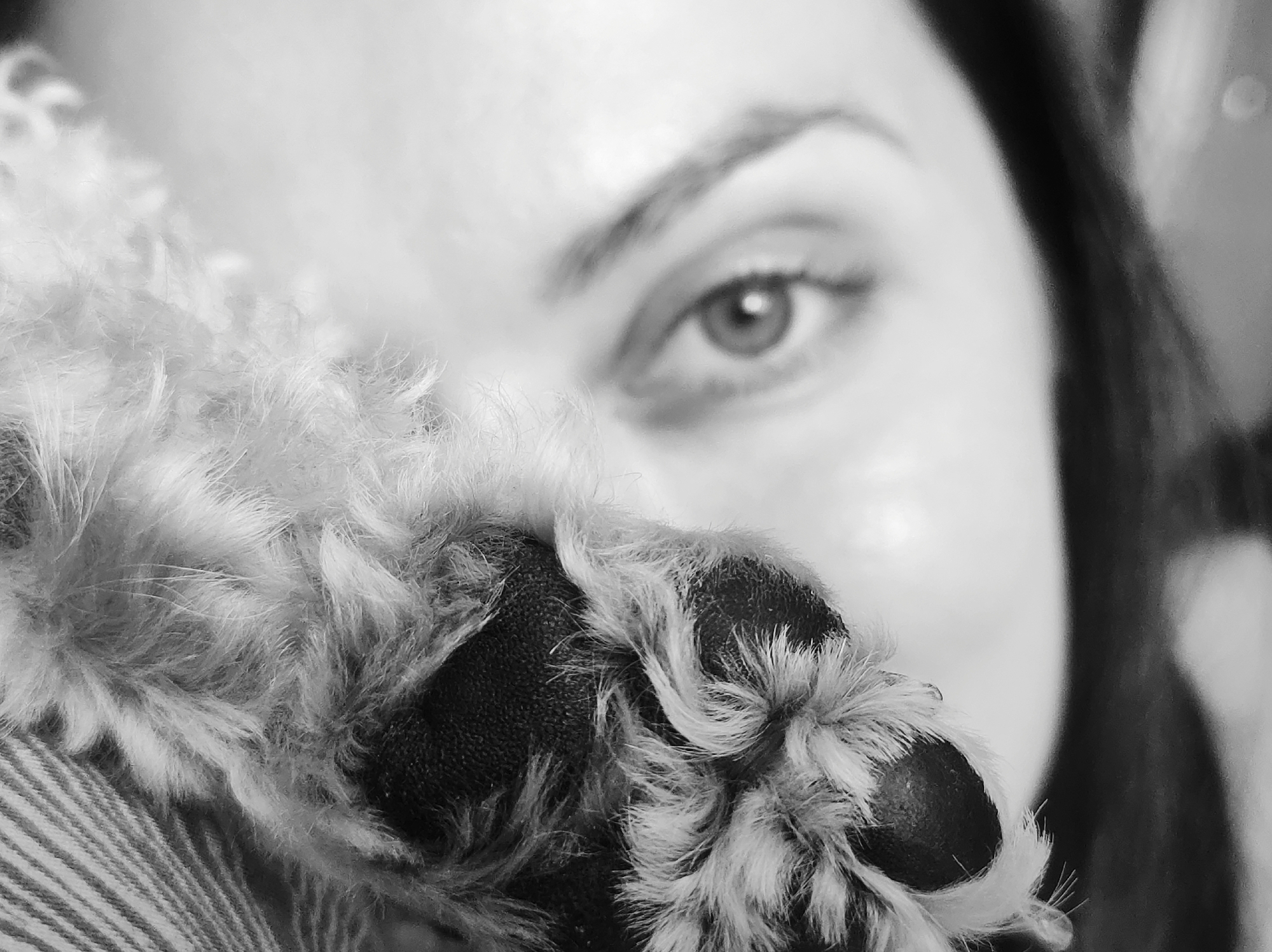 A close-up black and white image shows the face of a woman with a dog's paw positioned near her face. The woman's eye is visible, along with a portion of her eyebrow and face. The dog's paw is furry with dark pads. A striped fabric is visible beneath the paw. The image is tightly framed, providing a shallow depth of field. There is no visible indication of the location being Chaikovsky, Russia.