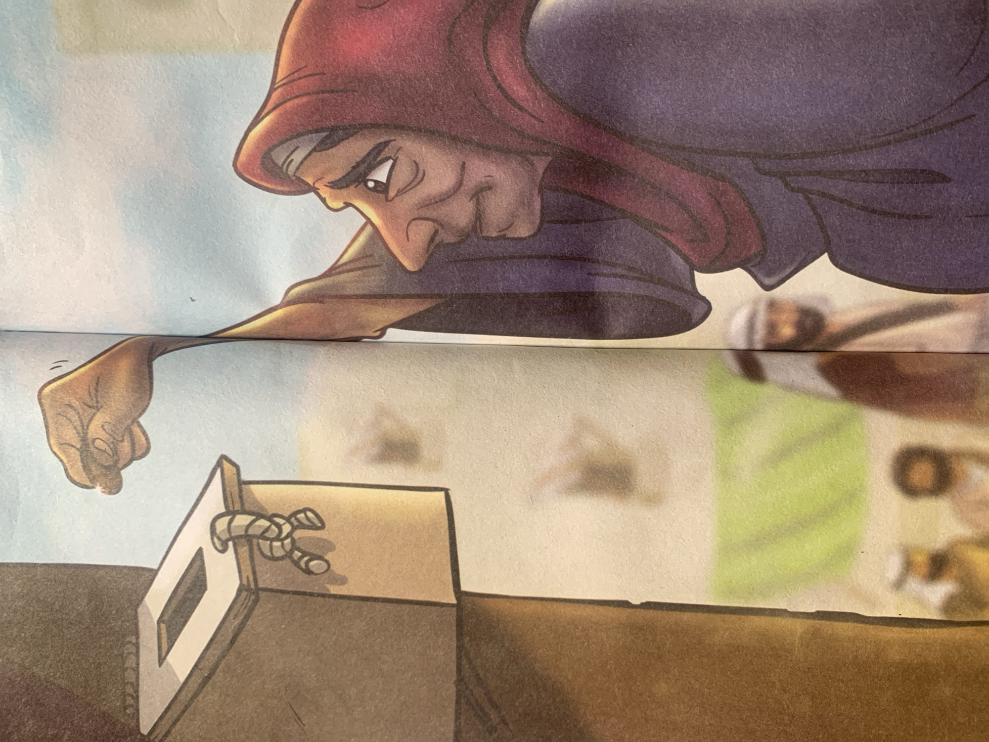 The image depicts a close-up, side-profile view of an elderly woman in a dark purple robe and a reddish-brown head covering, extending her right hand towards a wooden donation box. Her facial features show wrinkles, and her eyes are looking upwards. The donation box, attached to a thick, brown post, has a rectangular opening and a piece of twisted rope hanging from its side. In the background, blurred figures of people wearing traditional attire are visible, some with white head coverings. The setting appears to be an outdoor scene with a pale blue sky. The image does not provide information about the location in the city of Jauro Yinu, Nigeria.