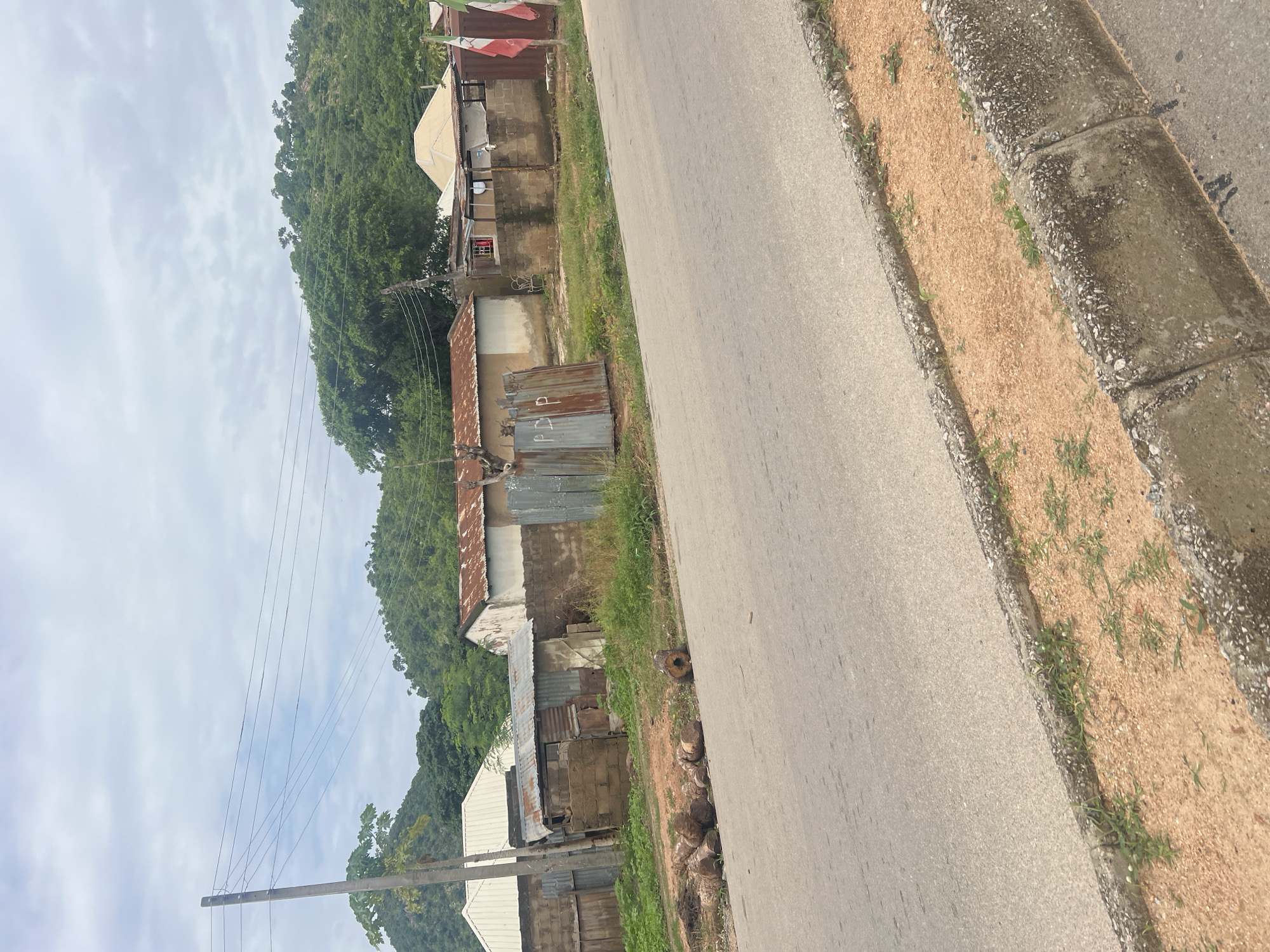 The image depicts a street scene in Minda, Nigeria. A paved road occupies the foreground, bordered by a concrete curb and a sandy area with sparse vegetation. To the left of the road, a stack of cut logs is visible. Beyond the logs, a row of buildings lines the street. These structures appear to be a mix of residential and commercial properties, with some exhibiting corrugated metal roofs and others concrete walls. A wooden utility pole with overhead wires stands prominently on the left side of the image. The background is dominated by lush green hills covered in trees, with a cloudy sky overhead. The overall impression is of a semi-urban or rural setting.
