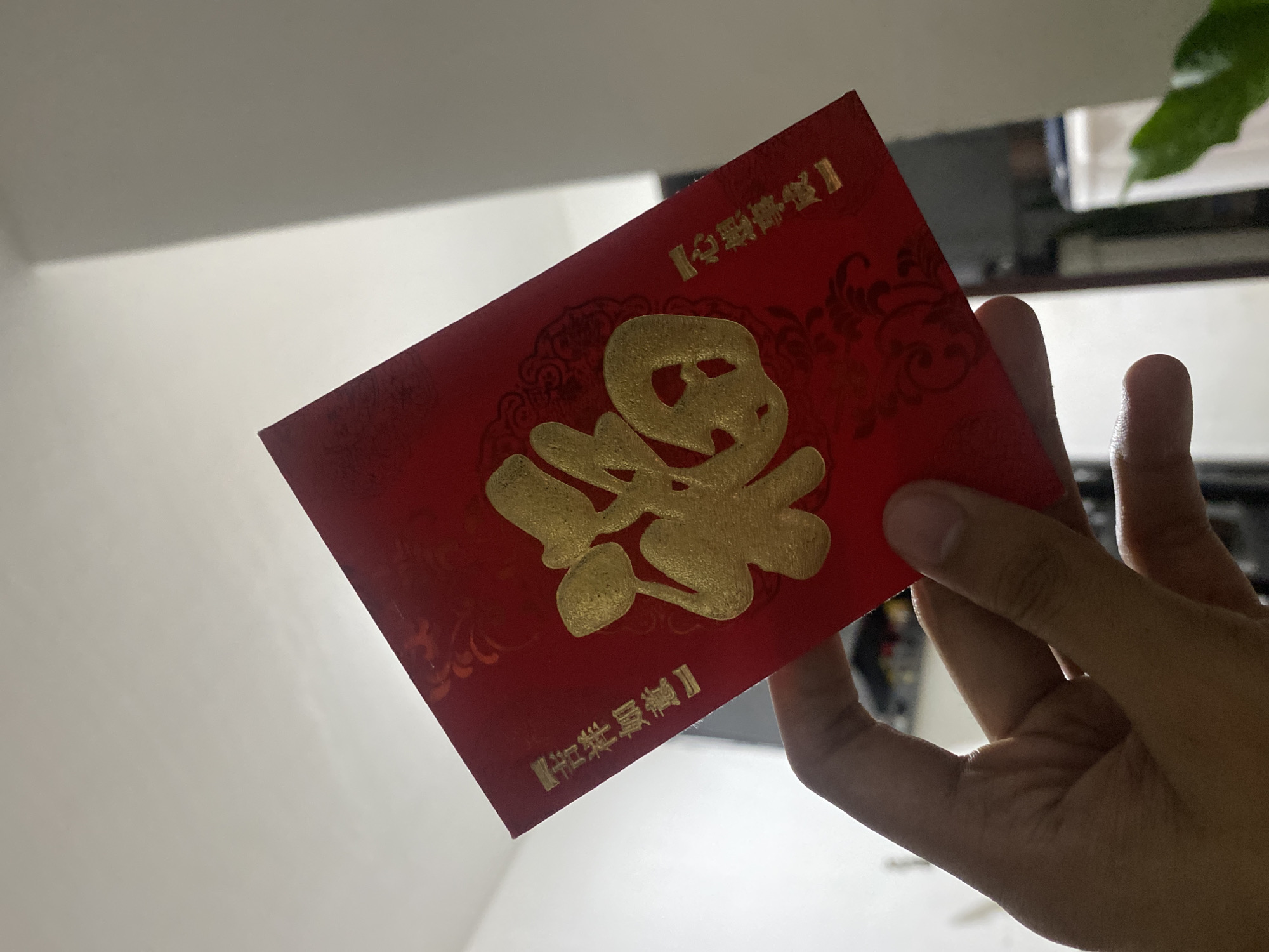 A close-up shot features a person's hand holding a vibrant red envelope, commonly known as a "hongbao" or "ang pao," against a brightly lit, blurred background. The hand, visible from the wrist to the fingertips, securely grasps the envelope, with the thumb supporting the top left corner and fingers curling underneath. The envelope is oriented slightly diagonally, showcasing its front design.
The red envelope is adorned with intricate gold foil printing. A large, stylized Chinese character "福" (fú), meaning "fortune" or "good luck," dominates the center. Above this character, smaller gold text reads "【恭喜发财】" (gōngxǐ fācái), which translates to "Congratulations and be prosperous." At the bottom, another line of gold text states "【新春快乐】" (xīnchūn kuàilè), meaning "Happy New Year." The red surface of the envelope also features subtle, darker red floral or scroll-like patterns.
The background is predominantly a light, off-white surface, likely a wall or ceiling, with some darker, out-of-focus elements on the right, possibly including a glimpse of a green plant and blurred objects within an indoor setting. The lighting appears soft and even, typical of an indoor environment. The act of holding the red envelope, especially with the "Happy New Year" and "Prosperity" greetings, strongly suggests a celebration, most likely Chinese New Year, a cultural practice also observed in communities like Davao City, Philippines. The overall tone of the image is festive and hopeful.