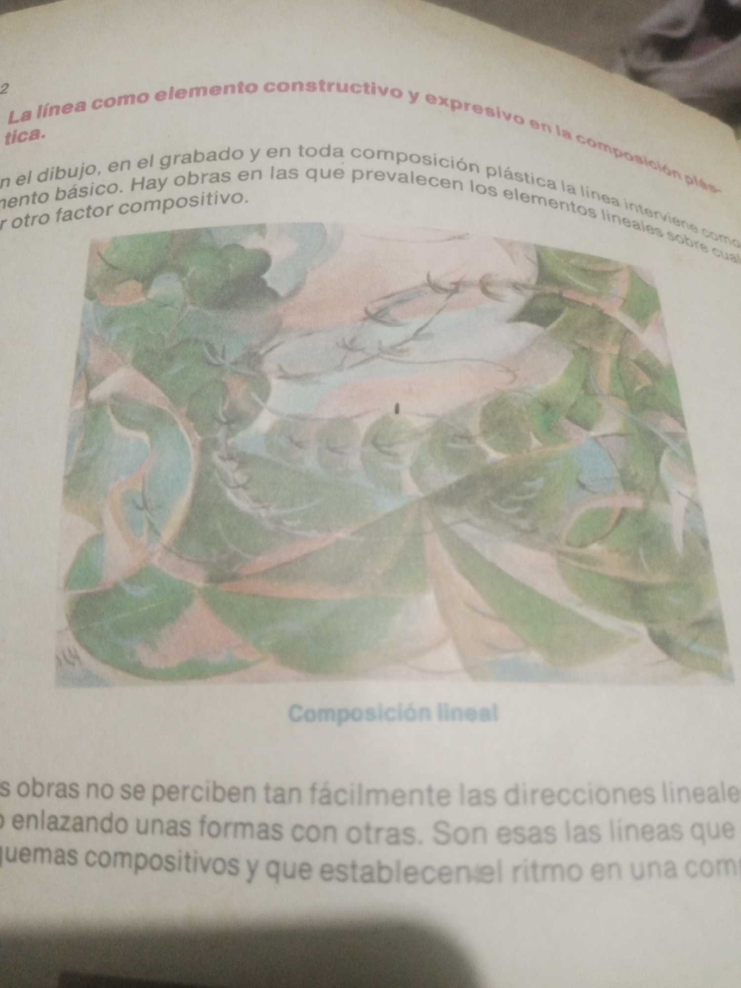 The image displays a page from a book. The top portion of the page features text in Spanish, with the phrase "La línea como elemento constructivo y expresivo en la composición plástica" prominently visible. Below this text is an abstract artwork characterized by flowing lines and shapes in shades of green, peach, and blue. The artwork appears to be a painting or print. The bottom portion of the page contains more Spanish text, describing how directional lines are perceived and how they establish rhythm in a composition. The image does not contain any information or visual elements that would allow for the determination of its location in Santa Ana, Venezuela, or any other specific city.