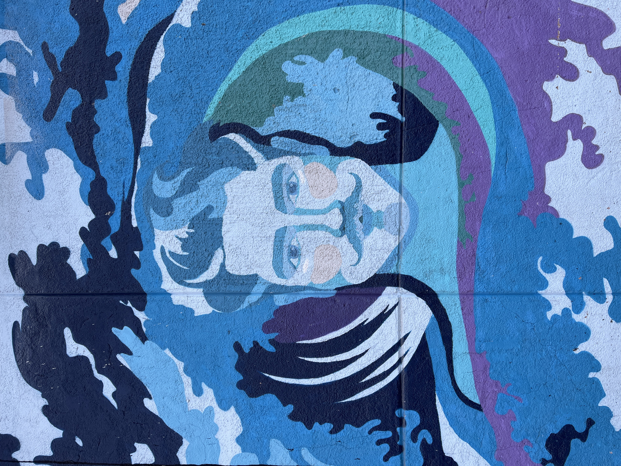 This media file captures a vibrant, stylized mural painted on a textured, light-colored wall, likely outdoors due to its rough surface and visible block lines. The central subject is a highly graphic and abstract depiction of a human face, oriented vertically with the top towards the top right of the frame. The face, possibly male, features prominent outlines, a mustache, and a beard, all rendered in various shades of blue and white. Its eyes are open, with light blue irises and dark outlines, and subtle light peach/pink patches highlight the cheeks.
The face is intricately integrated into a dynamic composition of swirling, wave-like patterns, primarily in a cool palette of light blue, medium blue, dark navy, and white/light gray. These fluid shapes frame the face and extend across the entire visible surface, conveying a sense of motion or representing water. Above and behind the head, a partial, arc-shaped element resembling a rainbow is visible, featuring bands of teal/green, purple, and blue, adding a contrasting splash of color.
The overall style is illustrative and bold, characterized by flat color areas and distinct lines. The mural depicts a static scene, focusing on the artistic representation of the figure within its abstract, flowing environment. No specific activity or event is taking place. The time of day and weather are not discernible. No visible text is present in the image. The location is Krasnoyarsk, Russia.