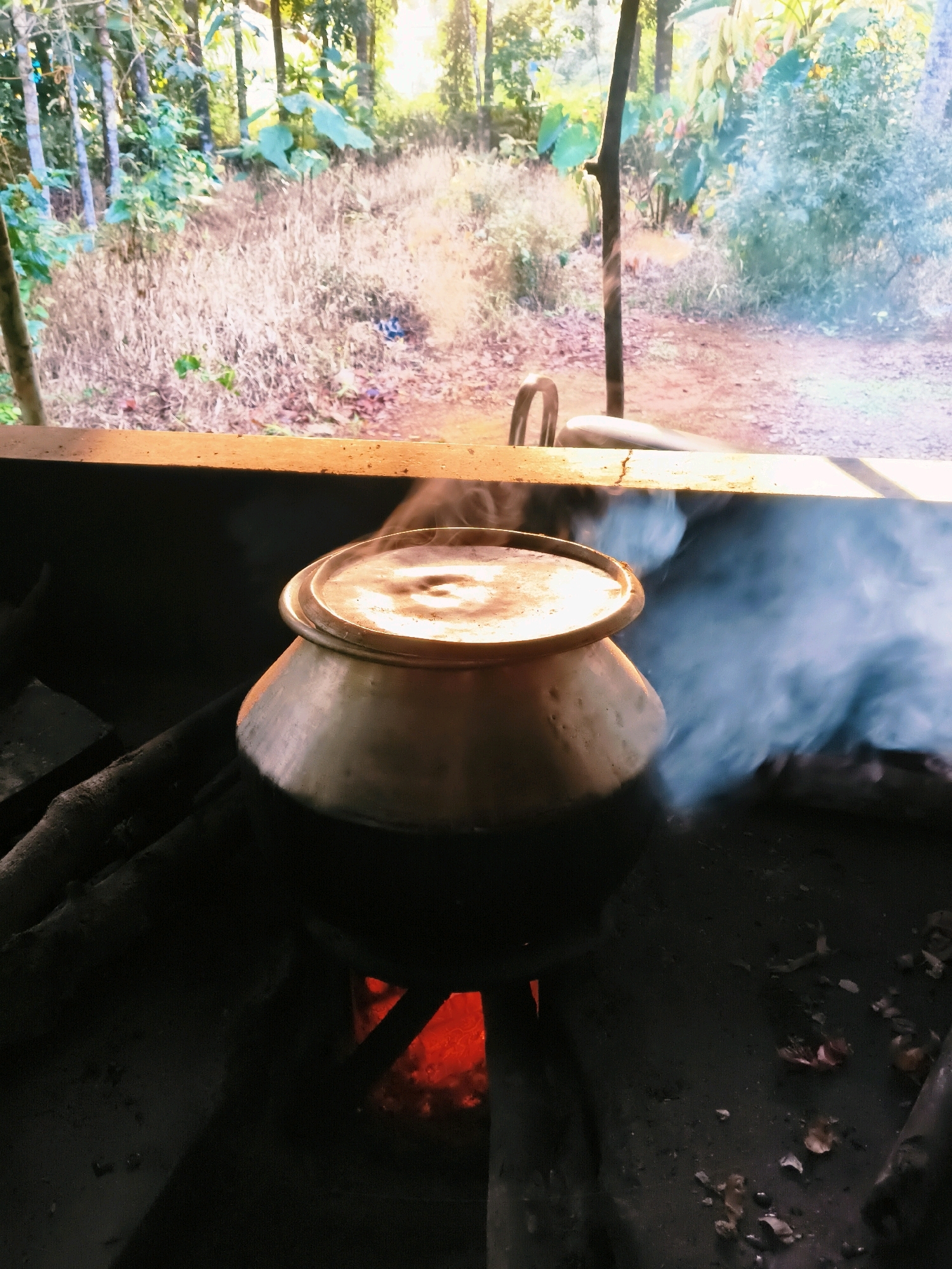 In Alattuchira, India, a traditional cooking setup is depicted. A large, metallic pot is placed over an open fire, with glowing embers visible beneath it. Steam is rising from the pot, indicating that food is being cooked. The cooking area appears to be outdoors, with a backdrop of lush greenery and trees suggesting a rural or semi-rural environment. The scene captures a moment of everyday life, highlighting a common method of food preparation.