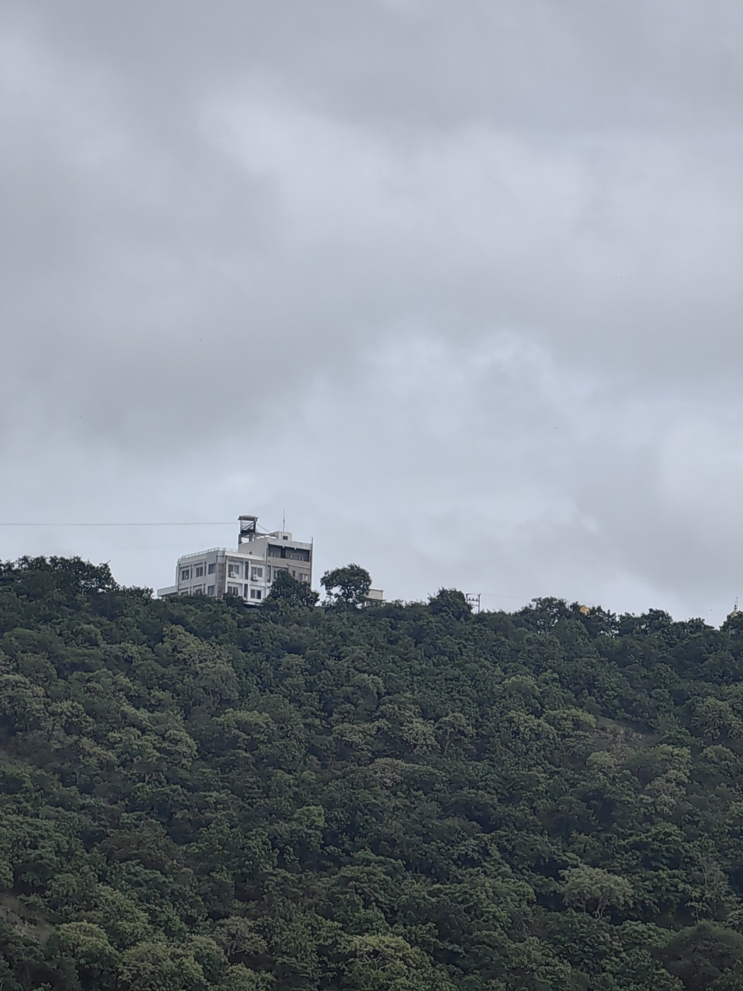 A building with a tower is perched on a heavily wooded hill under a cloudy sky. The building is white with numerous windows and appears to be several stories tall. A dark cable runs horizontally across the frame just above the building and the trees. The hill is densely covered with green trees, obscuring much of the terrain. The sky is overcast with gray clouds. The image captures an elevated view of the building and the natural landscape surrounding it.