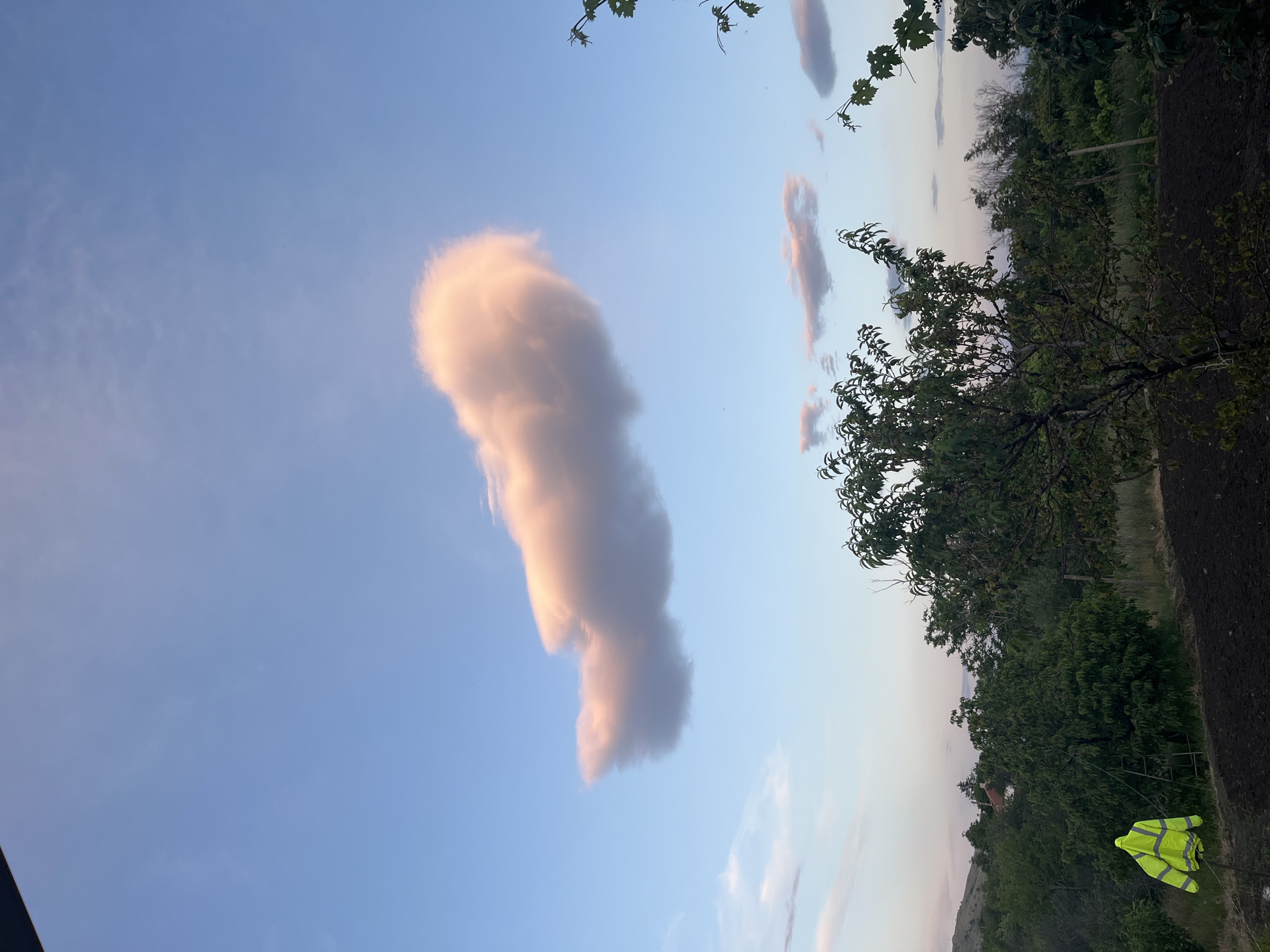 A landscape view features a large cloud in the light blue sky. To the right is greenery including trees and possible shrubbery. In the far right bottom corner of the image is a bright green reflective vest. It is located in the city of Unknown, Unknown.