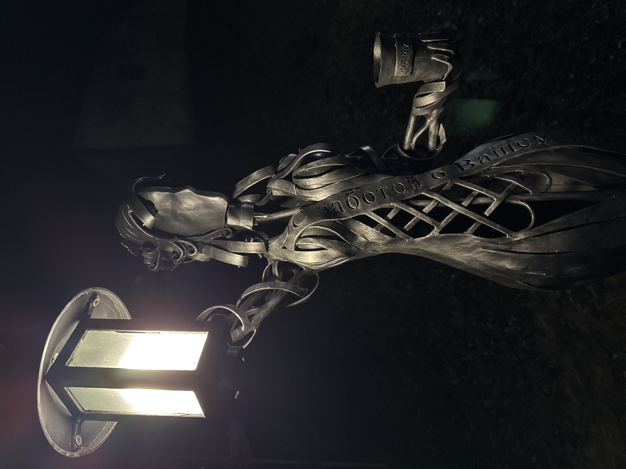 A dark, metallic statue of a stylized female figure stands at night in an unknown outdoor location. The figure, composed of interwoven metal strips, holds an illuminated, rectangular lantern in its raised right hand, casting bright white light forward. In its left hand, the figure holds a small, dark cylindrical cup or goblet. Inscriptions are visible on the statue: "С ЗАБОТОЙ О ВАШЕМ" (With care for your) runs vertically across the torso, and "ФАРМ" (FARM, likely an abbreviation) is embossed on the cup. The background is dark and out of focus, indicating an environment such as a park or plaza, with subtle suggestions of dark ground cover. The statue's face is featureless, and its hair is sculpted into metallic waves.