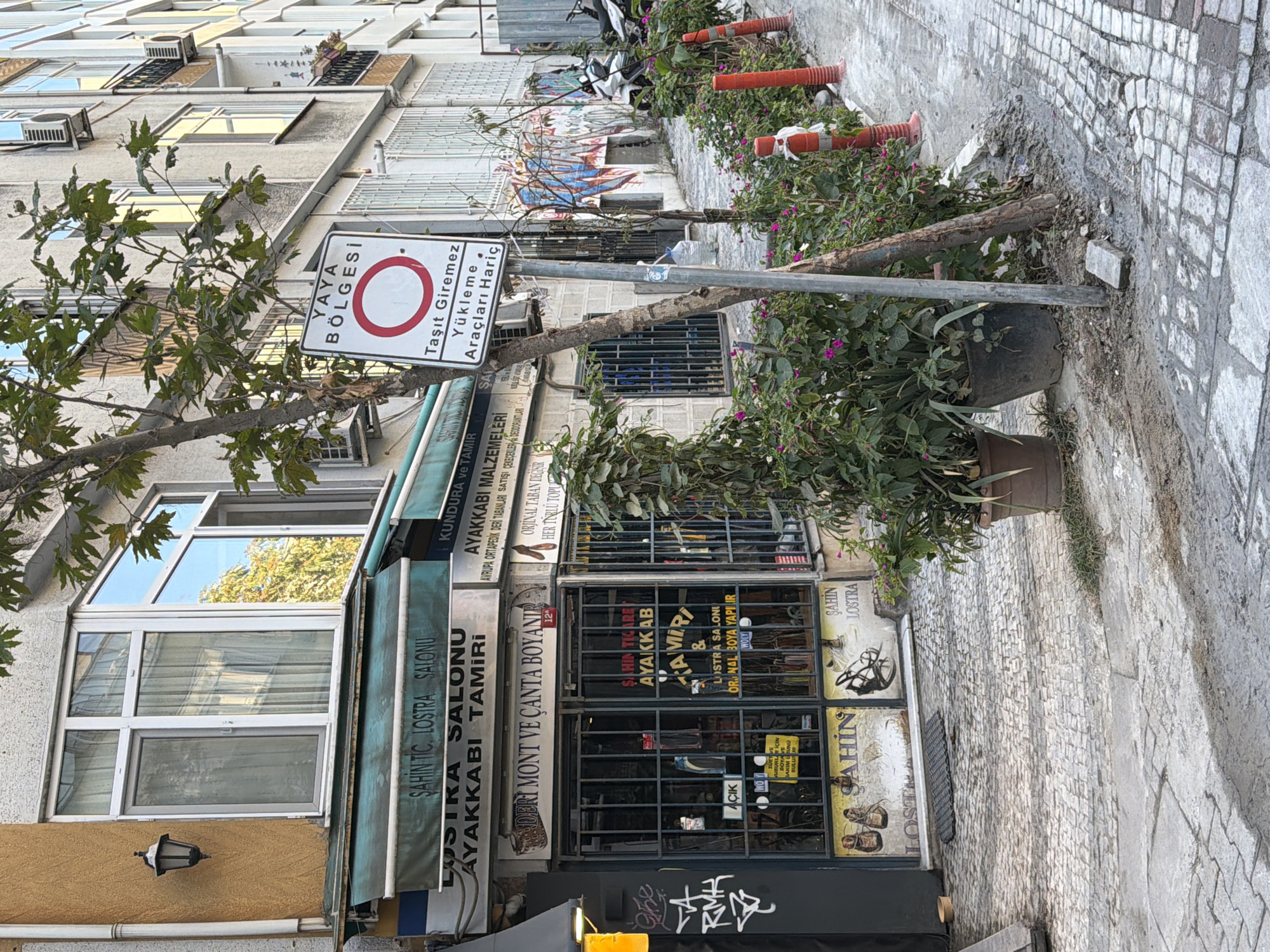 The image depicts a street scene in Kadıköy, Turkey. A storefront with the sign "ŞAHİN TİC. LOSTTRA SALONU AYAKKABI TAMİRİ" is visible, indicating a shoe repair and salon business. The shop has a green awning and is protected by metal bars on its windows. Adjacent to the shop, a street sign for a "YAYA BÖLGESİ" (pedestrian zone) with a "Taşıt Giremez" (no vehicles allowed) symbol is posted. The street is paved with cobblestones, and there are potted plants and some construction debris along the sidewalk. In the background, other buildings with windows, air conditioning units, and some graffiti are present. A tree grows on the sidewalk near the traffic sign.