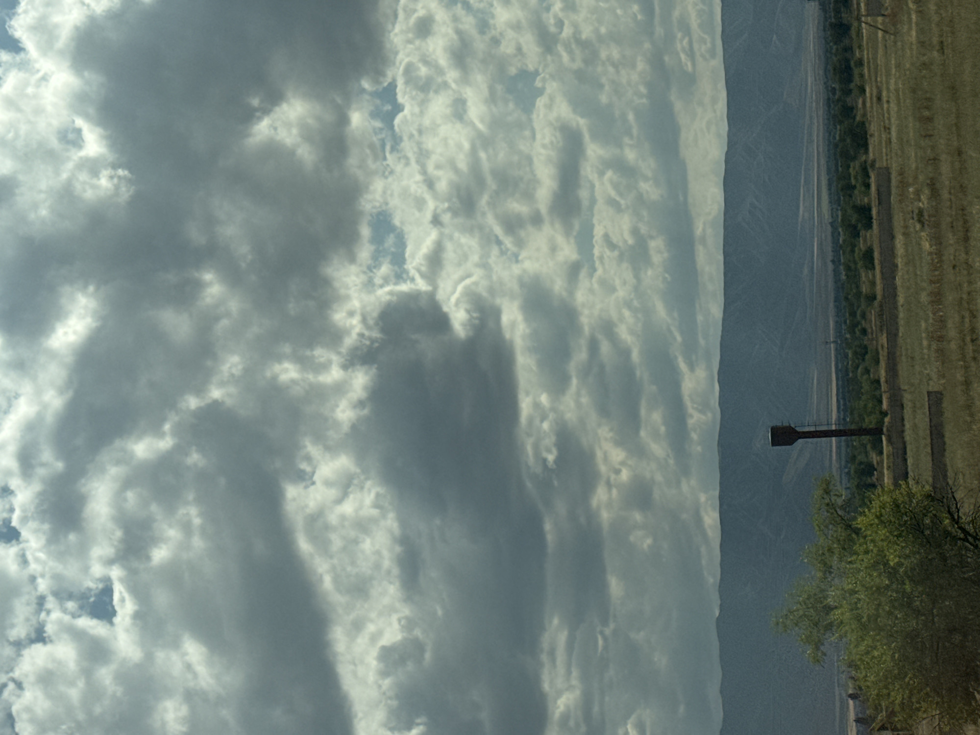 The image shows a landscape with dramatic, cloudy skies. In the foreground, there is a large, leafy green tree on the left. A tall, narrow, dark-colored water tower with a ladder is visible in the middle ground. The background features a range of mountains stretching across the horizon. The land is dry and covered with grass, with some patches of vegetation and what appear to be low walls or structures scattered across the terrain. The scene is likely taken from a distance, possibly from a moving vehicle given the slightly blurred quality of some elements. This is a landscape view of the area near Almaly, Kazakhstan.