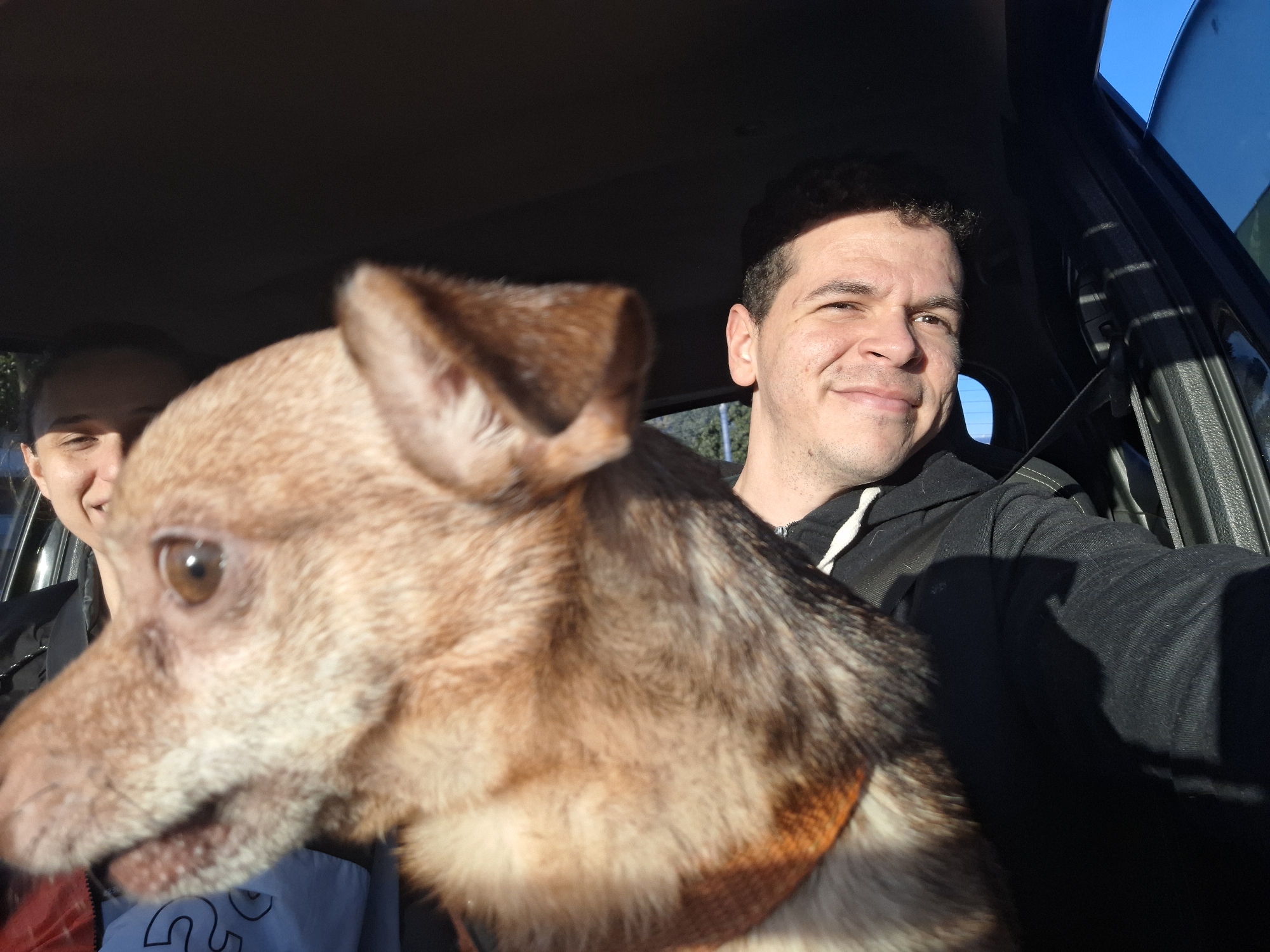 In the foreground of the image, a small, light brown dog with large ears and dark eyes is positioned in a car. The dog is facing to the left and appears to be looking towards something out of frame. Its mouth is slightly open, revealing its teeth. Behind the dog, two people are visible. On the left, a person's face is partially obscured by the dog, with only their forehead and part of their cheek visible. They appear to be looking to the left. To the right of the dog, a man is looking towards the camera and smiling. He is wearing a black hooded sweatshirt. The scene appears to be inside a car, with the open car door on the right side of the image revealing a bright blue sky. The sun is casting strong shadows across the interior of the car. The location is identified as Villa Domínico, Argentina.