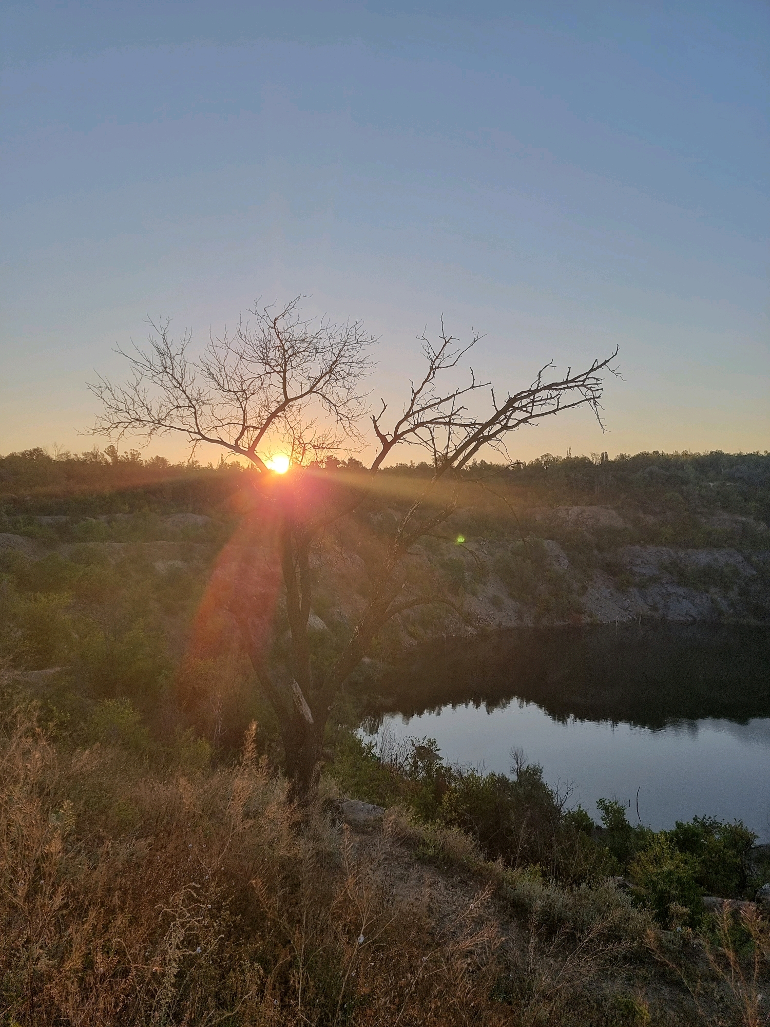 This is a landscape photograph taken at sunset in Kryvyi Rih, Ukraine. The image depicts a quarry, a body of water, and a bare tree in the foreground. The sun is setting behind the tree, casting rays of light across the scene. The quarry walls are visible in the background, covered in vegetation. The water is calm, reflecting the sky and surrounding trees. The foreground is filled with dry grass and bushes. The overall mood of the image is peaceful and serene.