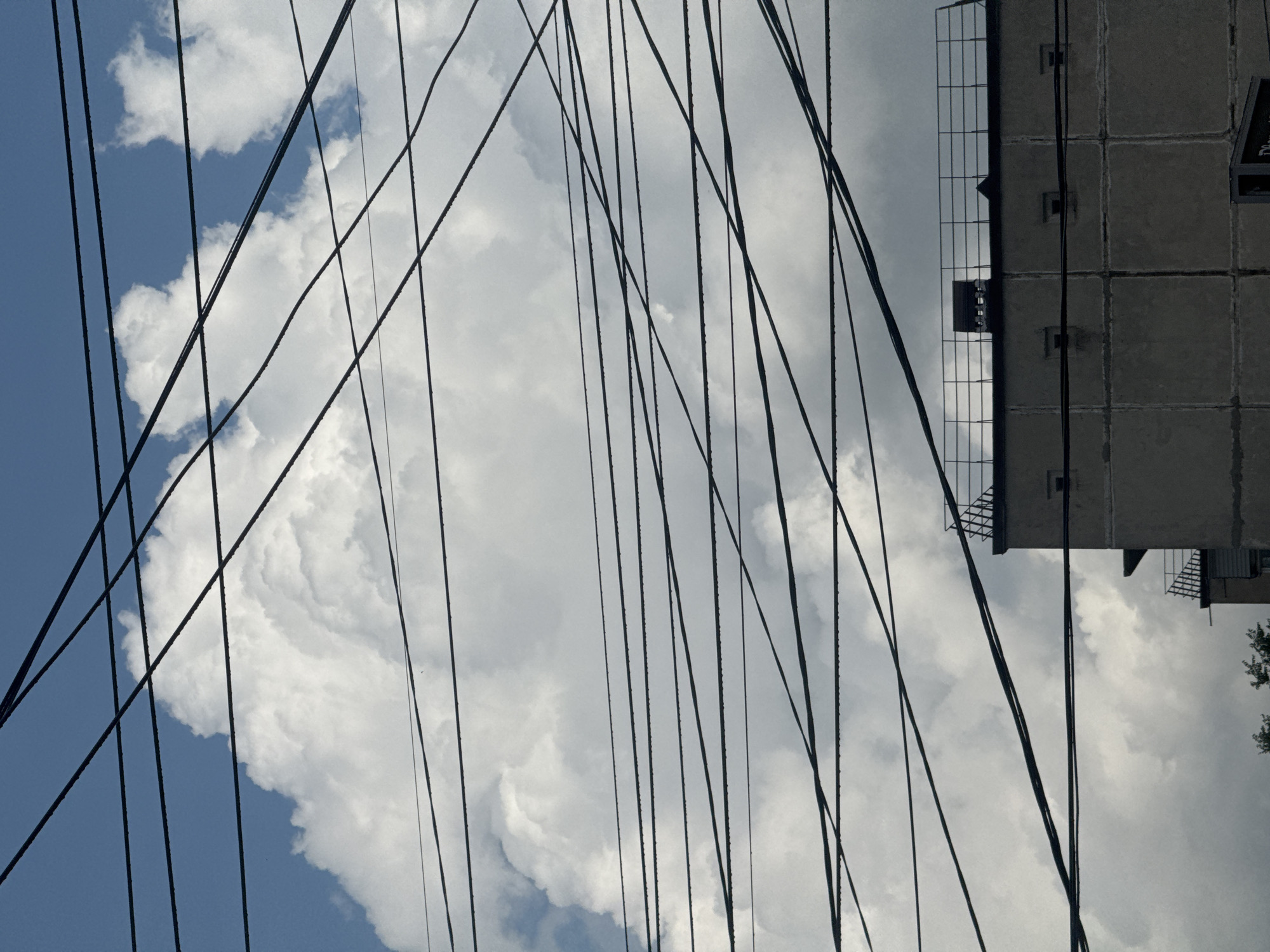This media file depicts an outdoor scene with a focus on overhead utility wires against a sky filled with clouds. The wires are numerous and crisscross the frame, creating a dense network that dominates the composition. The sky varies from a clear blue with large, puffy white clouds on the left side of the image to a more overcast, grayish sky on the right.
In the upper right portion of the image, a concrete building is visible. It appears to be a multi-story structure with a grid-like pattern on its facade, possibly indicating modular construction. There are visible fire escapes on the side of the building. The building's architecture suggests a setting in a residential or administrative area.
The time of day appears to be daytime, given the bright sky and the clarity of the clouds. The weather seems mixed, with patches of sunshine indicated by the bright blue sky and white clouds, but also areas of cloud cover. No people are visible in the frame.
The overall impression is one of urban infrastructure set against a natural sky. The dense arrangement of wires creates a slightly chaotic or busy visual texture, juxtaposed with the organic shapes of the clouds. The image conveys a sense of everyday life in a developed area, with the natural elements of the sky providing a backdrop to the man-made environment. The orientation of the image is rotated, with the building appearing on the right side and the sky filling the majority of the frame.
There is a small, dark sign with some white text on the building, but it is illegible in this resolution. No other text is visible. The location context is Mikhaylovsk, Russia.