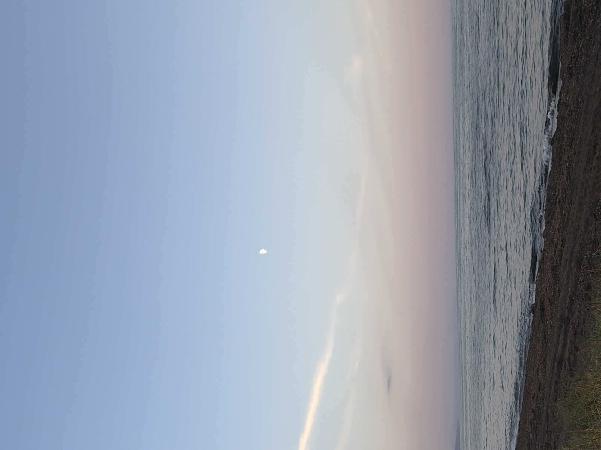 The image shows a serene seascape with a clear sky transitioning from light blue at the top to pastel pinks and purples near the horizon. A crescent moon is visible in the upper portion of the sky. The sea is calm with gentle waves lapping at a dark, pebble-strewn shore. Some sparse green grass grows in the foreground. The location is described as Ozerskoe, Russia, implying a coastal setting in that region. There are no people or specific structures visible in the scene. The overall atmosphere is tranquil, likely captured during twilight.