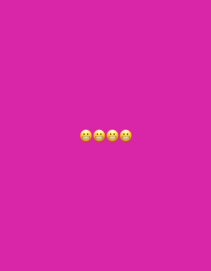 Four yellow emojis with gritted teeth and wide eyes are displayed horizontally in the center of a solid pink background. The emojis are identical and are spaced evenly apart. The background is a vibrant, uniform shade of pink, with no discernible features or patterns. There is no indication of any specific location, including Gorzow, Poland.