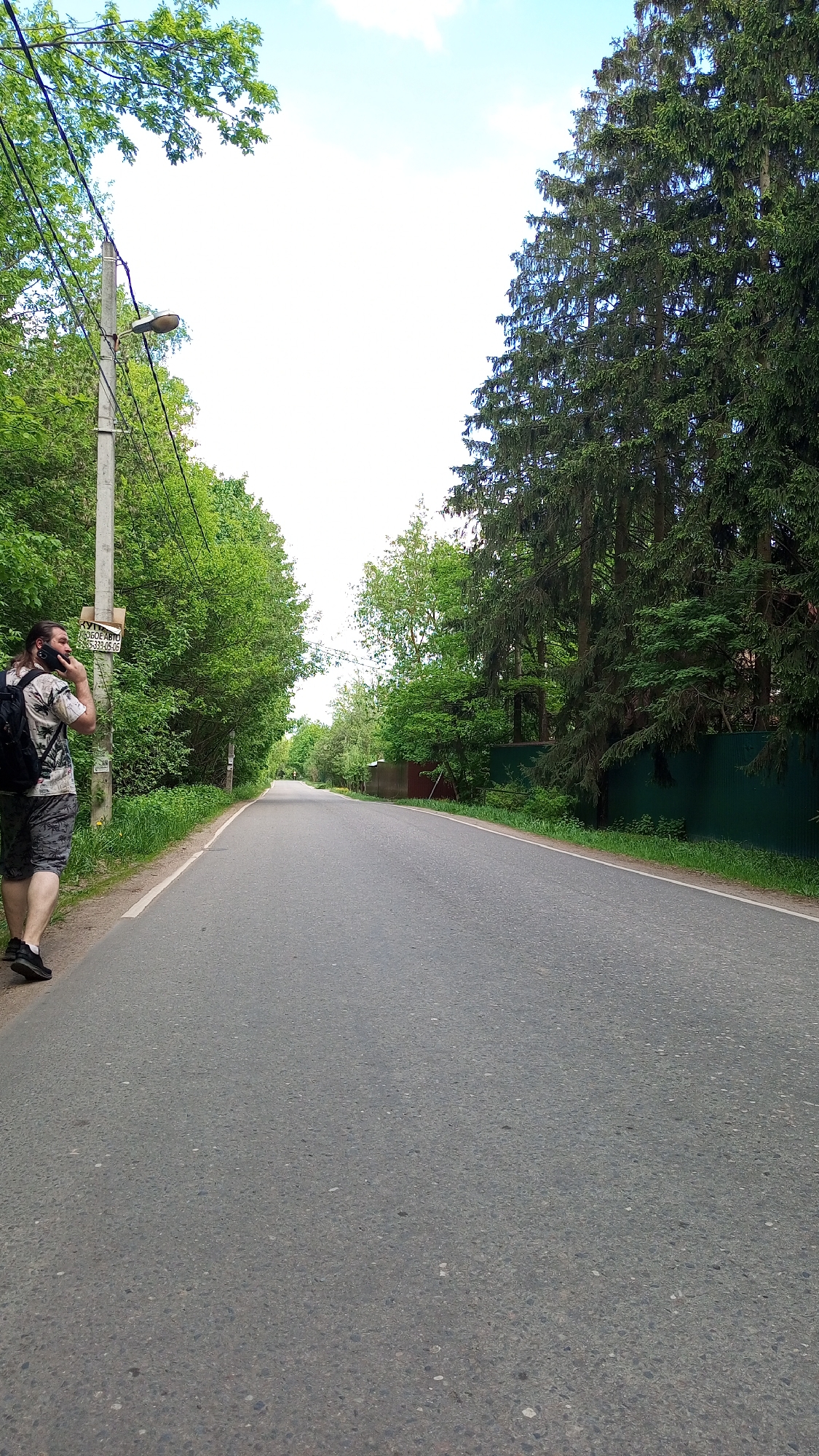 The image depicts a road in the city of Дубки, Russia. The road stretches into the distance, bordered by greenery on both sides. On the left, there's a man walking and talking on his cell phone. He's wearing a patterned shirt, shorts, a backpack, and black shoes. He stands next to a utility pole with a streetlamp and a sign. Lush green trees and bushes line the left side of the road. On the right, tall evergreen trees are present behind a green fence. The sky is mostly bright and white.