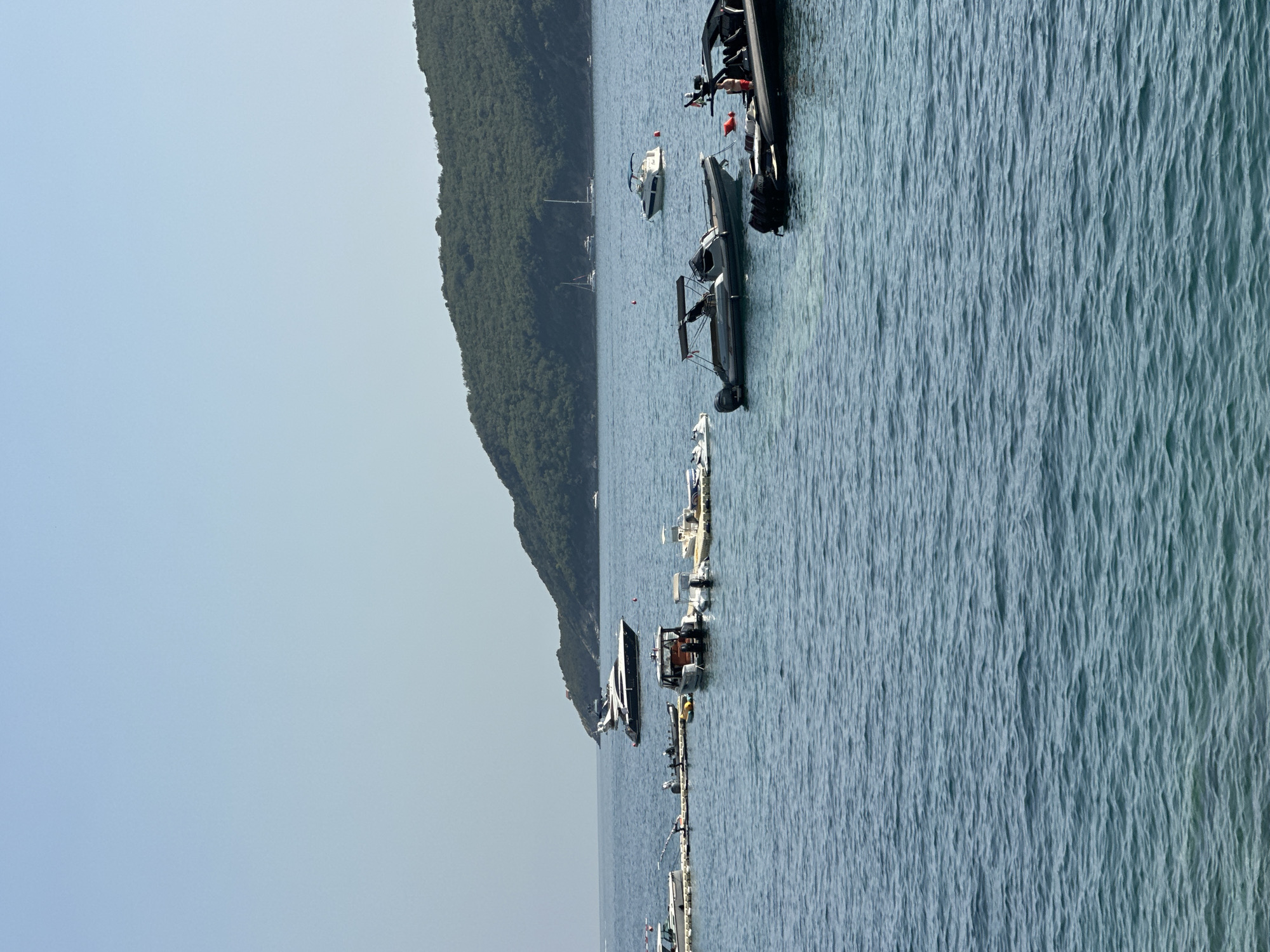 This image captures a view of the Adriatic Sea off the coast of Budva, Montenegro. Several boats are anchored or moored in the clear blue water. In the foreground, a dark-colored inflatable boat with two people, one in red shorts, is visible, alongside another smaller boat. Further out, a white motor yacht and a larger, sleek yacht are present. A long, floating dock with smaller boats attached is also in the middle ground. The background features a lush, green, tree-covered hillside sloping down to the sea, characteristic of the Montenegrin coastline. The sky is a clear, pale blue, suggesting a sunny day. The scene depicts a leisurely nautical environment.