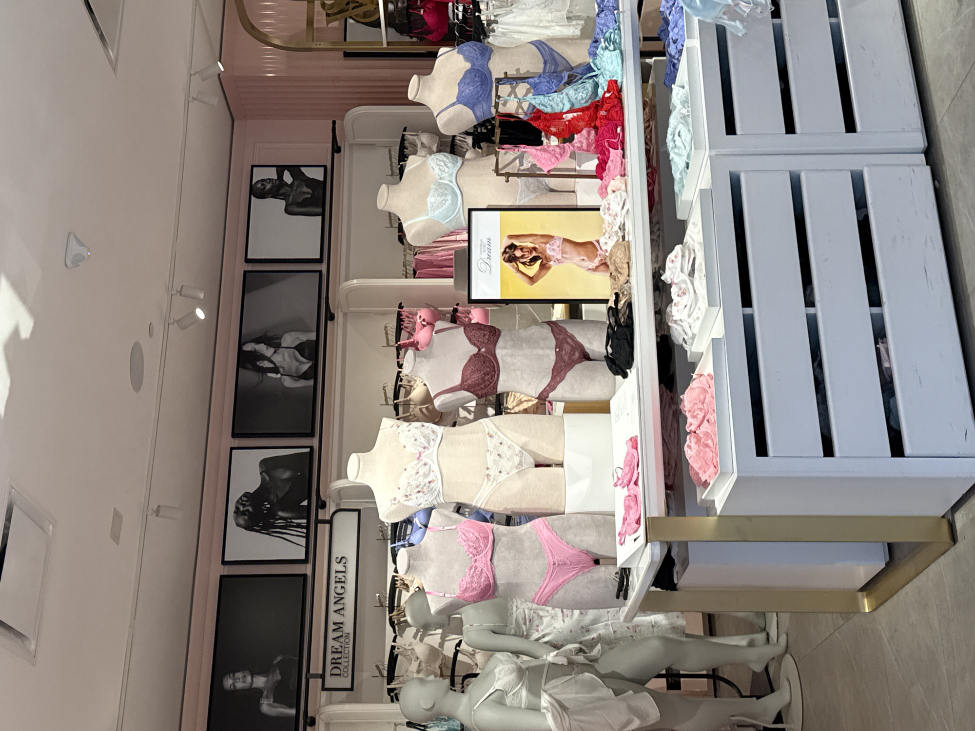 A well-lit, indoor retail space, likely a lingerie store, displays mannequins and merchandise. The store features a pink accent wall and a grey tiled floor. Above the merchandise displays, three framed black and white photographs of women are mounted on the wall. A sign reads "DREAM ANGELS COLLECTION." Several mannequins are dressed in various styles of bras and underwear, with a prominent pink set on one mannequin in the foreground. Shelves below the mannequins are filled with folded lingerie and more bras.
The scene is a retail environment in Tacoma, Washington, United States of America, suggesting a commercial establishment focused on apparel. No individuals are directly interacting with the merchandise or mannequins, indicating a moment captured before or after customer engagement. The lighting appears to be overhead spotlights, creating a bright and clean atmosphere conducive to product display.