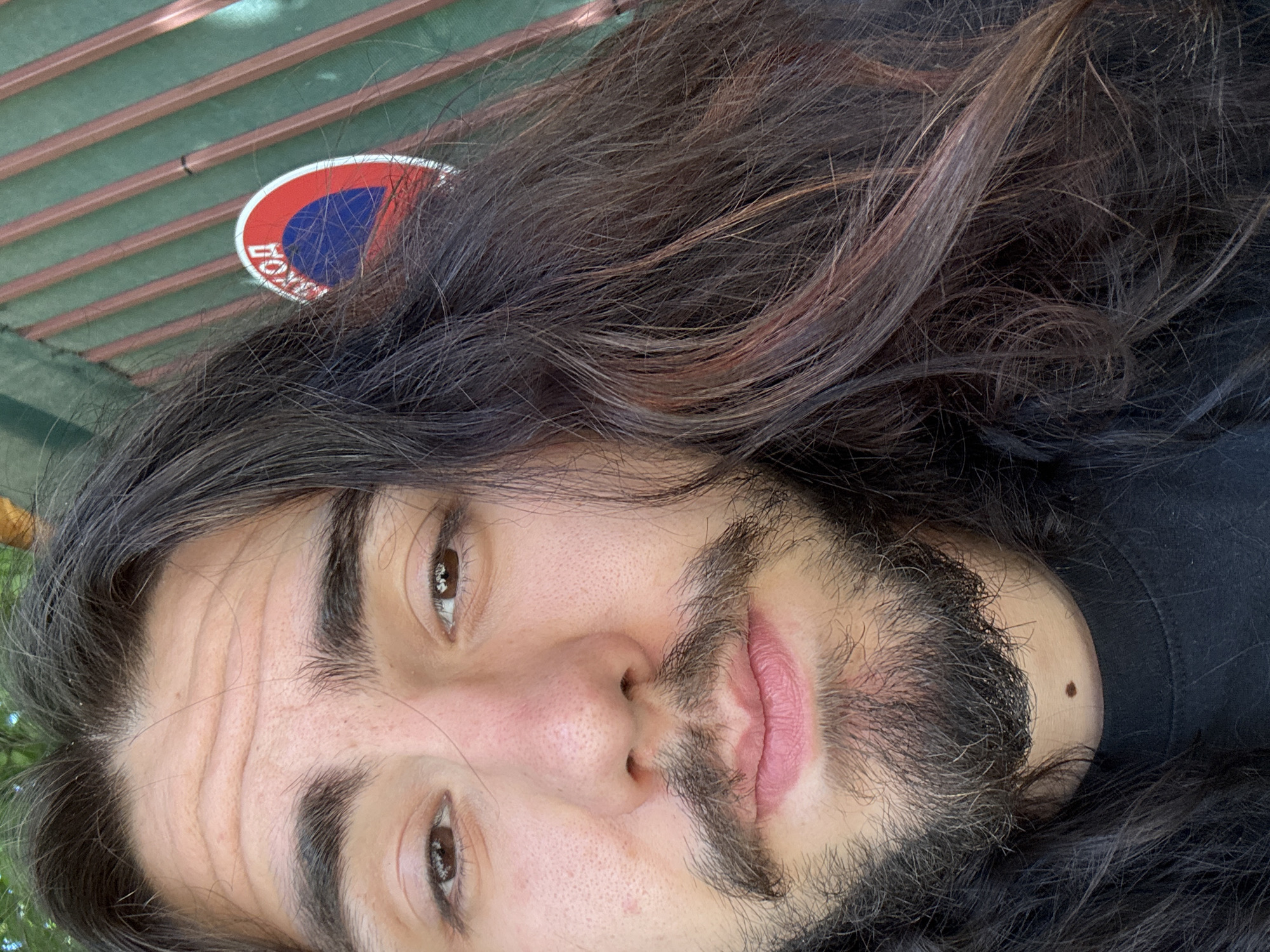 The image is a close-up selfie of a young adult with long, dark, wavy hair and a beard. The person's face is partially obscured by their hair, which is falling over their right cheek. They have brown eyes and a light complexion. A mole is visible on their neck, just below their chin.
In the background, a green, slatted fence can be seen. Attached to the fence is a circular sign with a red and white border and a blue center. Text in a foreign language is visible on the sign, appearing to be in Cyrillic script. The sign is partially covered by the person's hair. The overall lighting suggests an outdoor setting, possibly in daylight.
