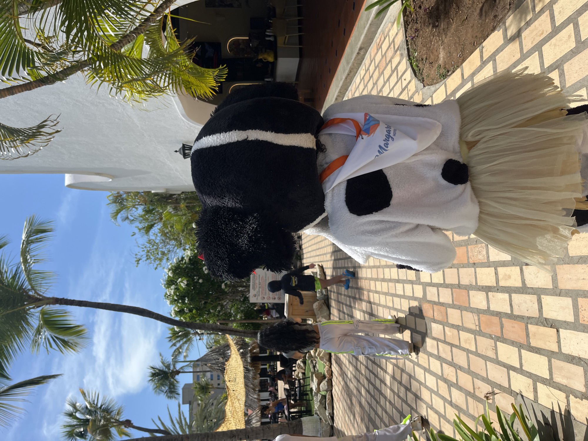 In an outdoor resort setting, a person in a black and white cow costume is seen from behind, walking on a tiled pathway. The costume features a large head with ears, a white fuzzy body with black spots, and a tan tutu. A white bandana with a logo is tied around the neck of the costume. In the background, palm trees, thatched-roof structures, and a white building are visible. Other people are walking in the distance, some seated at tables. The scene is set on a sunny day with a blue sky.