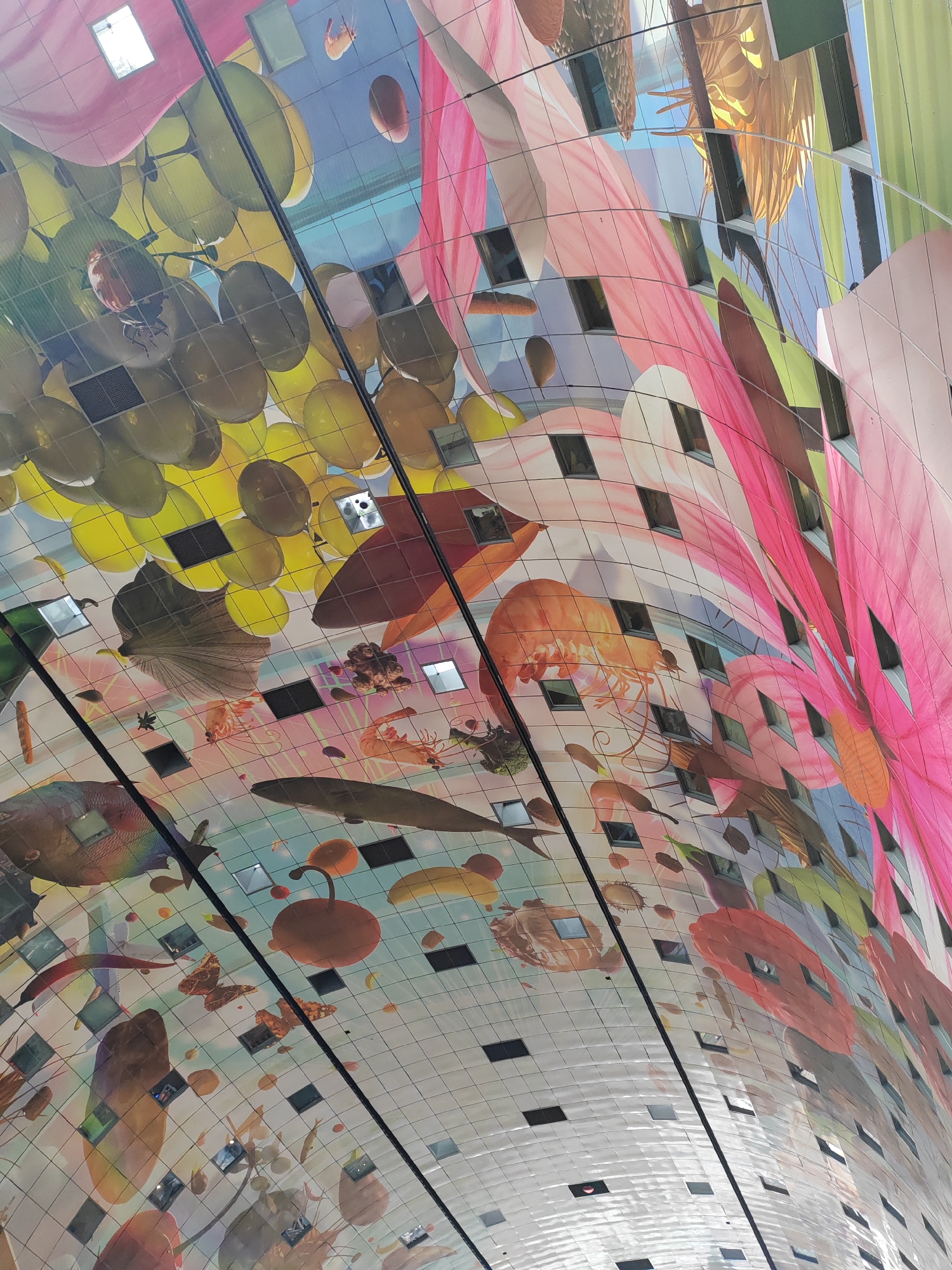 The image shows the interior ceiling of the Markthal in Rotterdam, Netherlands. The ceiling is a large, curved artwork that depicts various food items, fruits, vegetables, and marine life, all rendered in vibrant colors and a somewhat abstract style. The artwork is integrated with the building's structure, which includes a grid of square windows or skylights. The overall impression is one of a colorful, expansive, and visually dynamic space. No people are clearly visible in the image. The environment appears to be a public indoor market, suggested by the scale and the nature of the artwork. The perspective is looking upwards towards the ceiling.