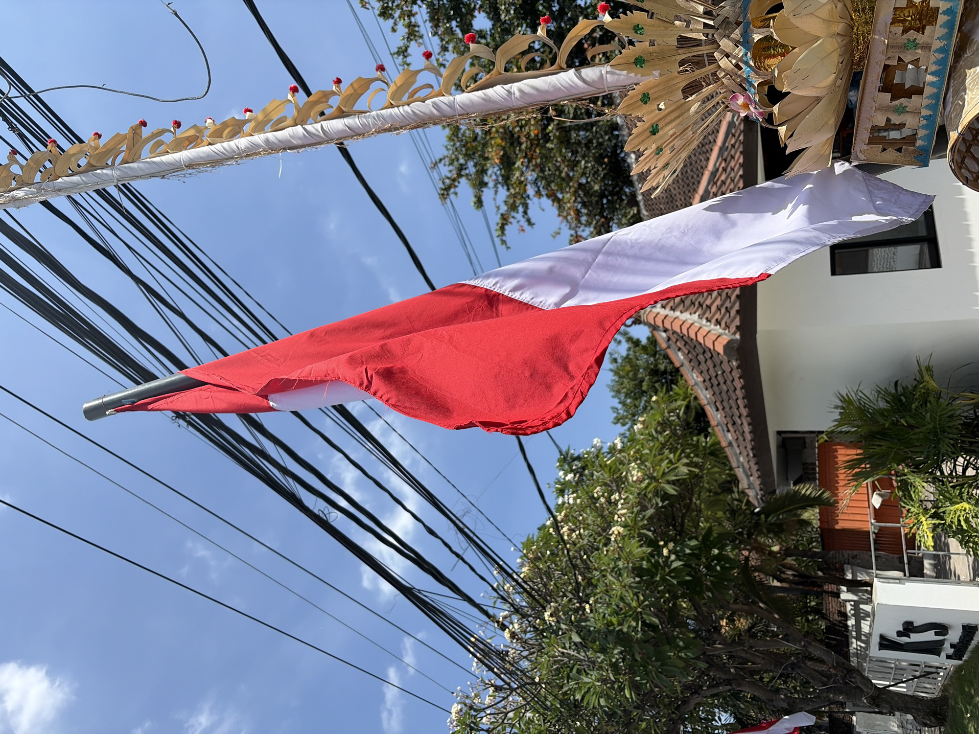 This low-angle outdoor shot captures an Indonesian flag waving against a bright blue sky with scattered clouds. The flag, with its red and white halves, is attached to a pole adorned with a white cloth and decorative dried palm leaves with small red accents, and a golden, intricate ornament at its base. Overhead, a dense network of black power lines crisscrosses the frame.
In the background, lush green trees with white flowers are visible, along with the brown tiled roofs of a few buildings. One building, painted white, has a dark-framed window. To the left, a white fence with a black sign that reads "K's" is partially obscured by the trees and the flag. The overall impression is one of a sunny day in a tropical or subtropical urban environment, possibly Banjar, Indonesia, given the cultural elements in the flag and decoration.