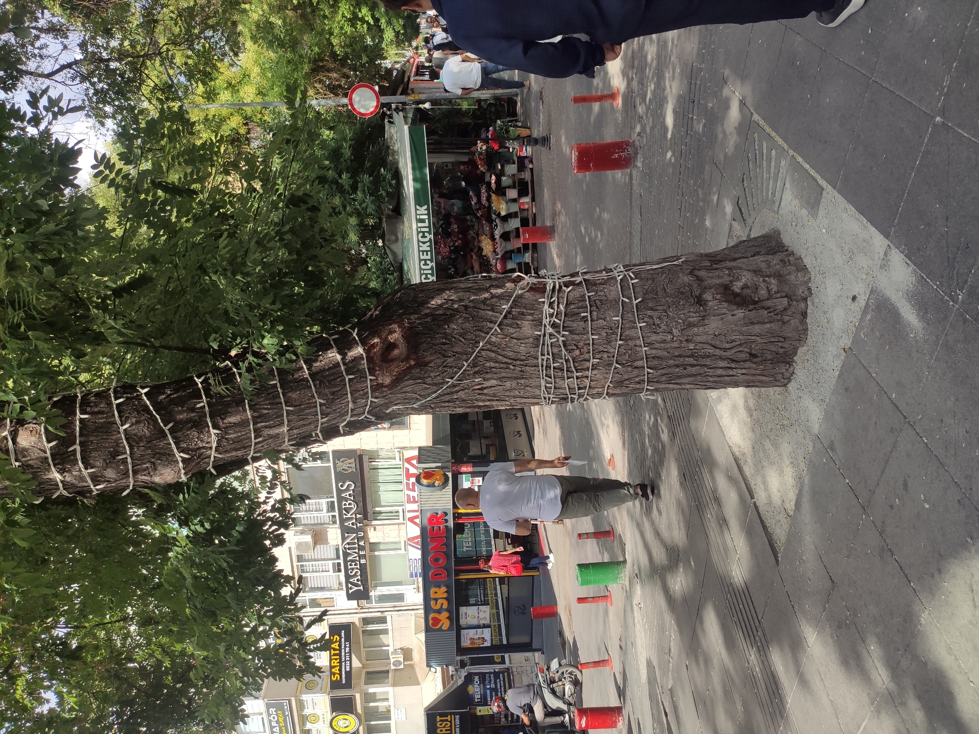 The image depicts a street scene in Ankara, Turkey, with a prominent tree wrapped in string lights in the foreground. The tree is situated on a paved sidewalk, with a city street and buildings in the background. Several people are visible, including a man walking away from the camera, a woman in red, a person on a scooter, and others further in the background. Businesses are lining the street, including "SR DONER" and a flower shop labeled "ÇİÇEKÇİLİK." Red and green bollards are placed along the sidewalk, and a traffic sign is visible. The environment appears to be an urban setting with daytime lighting and shadows cast by the trees and buildings.