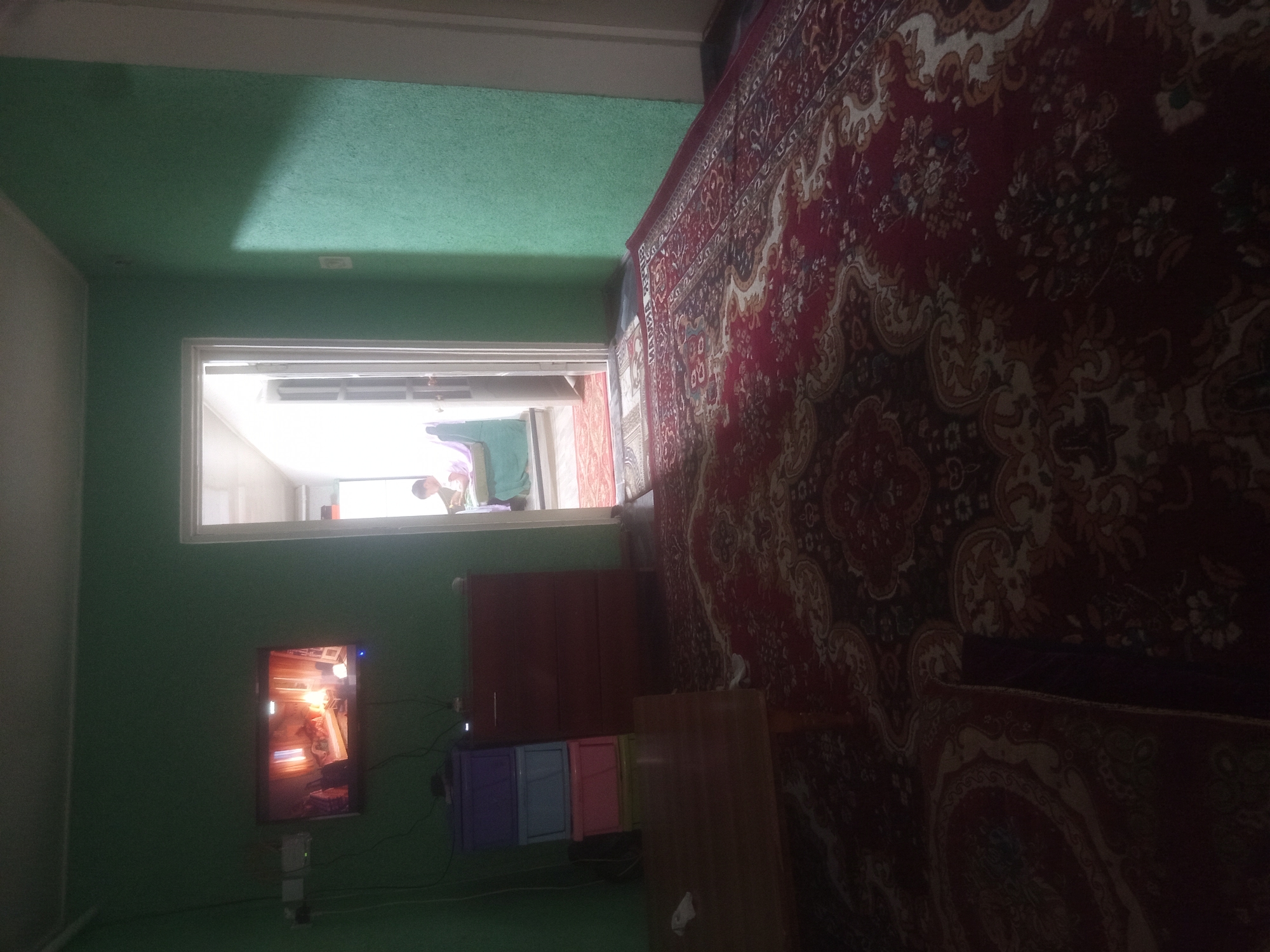 The image depicts an interior scene in a room with green walls. In the foreground, a large, ornate red rug covers the floor. To the left, a dark wooden coffee table is partially visible. Behind the coffee table, a set of three colored drawers (purple, blue, and pink) is stacked. To the right of the drawers is a dark wooden chest of drawers.
Further back, a doorway leads to another area where a person, wearing a light-colored shirt and green skirt, is seated on a sofa. This area appears to be a living room or bedroom. A television is mounted on the left wall, displaying an image. The overall lighting suggests it is daytime or evening, with artificial light contributing to the ambiance.
The provided metadata indicates the location is Samat, Kyrgyzstan. This scene appears to be a domestic living space, possibly a common room within a home.