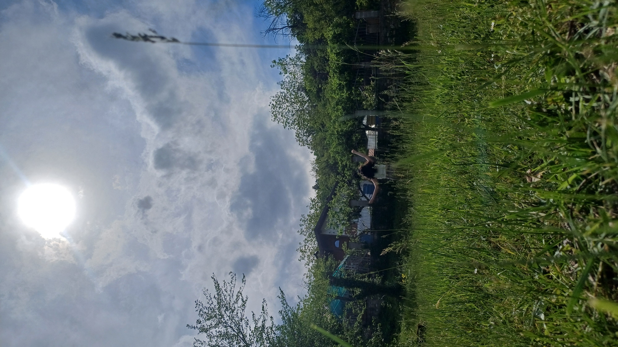 A medium, outdoor, wide shot oriented to the right depicts a sunny day in Gorna Verenitsa, Bulgaria. The foreground is dominated by tall, green grass that appears to be a field. In the middle ground, a house or building is partially obscured by trees, and someone is stretching. The sky in the background is filled with clouds, and the sun is brightly shining near the left side of the frame.