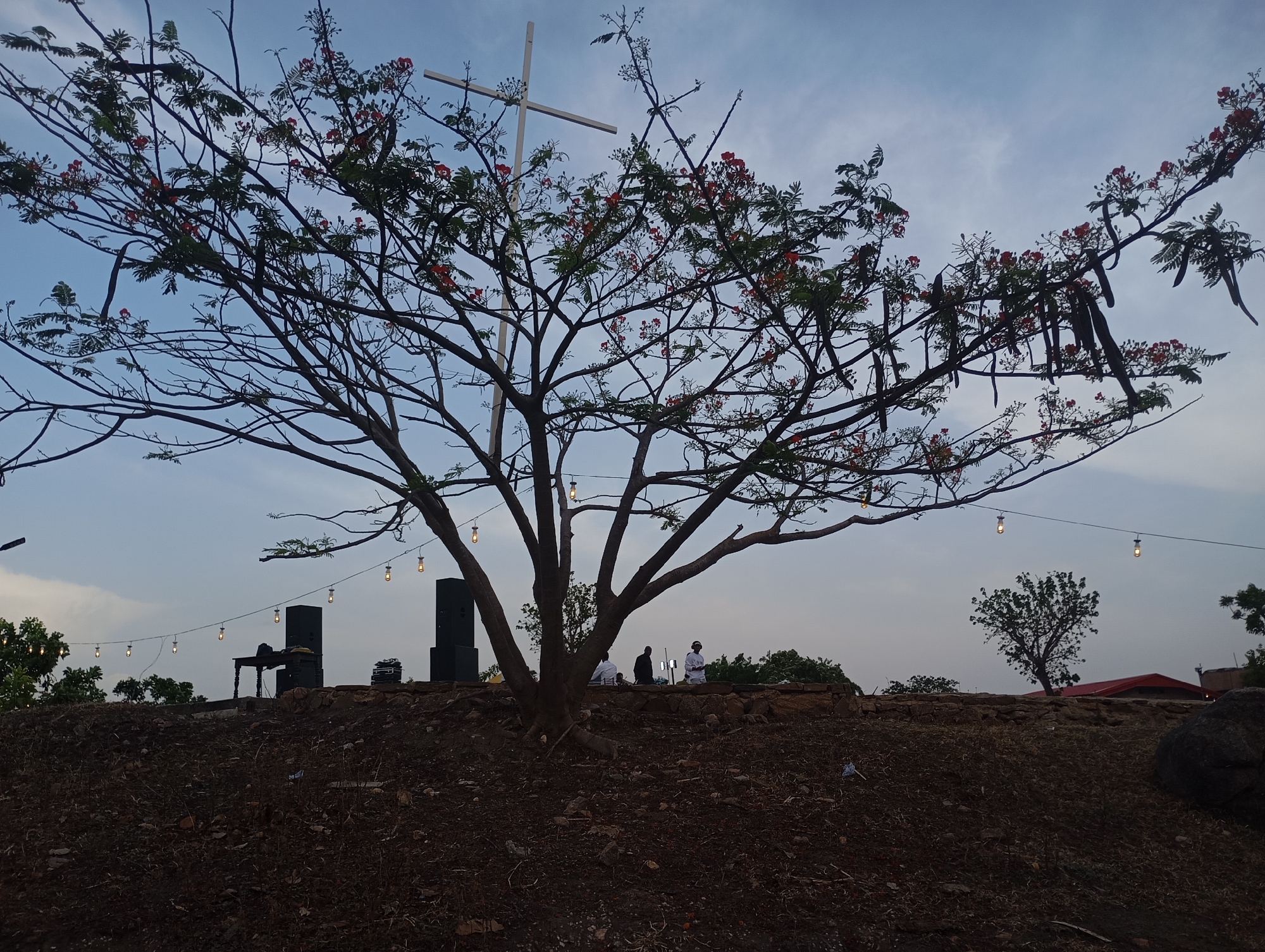 The image depicts a tree with bare branches and some red flowers, silhouetted against a cloudy sky in Uke, Nigeria. A white cross is visible behind the tree. Below the tree, the ground is dirt. Atop a raised area, two black speakers are positioned next to a table. A string of lights is hung among the tree branches. Three figures are visible on the raised area in the background.