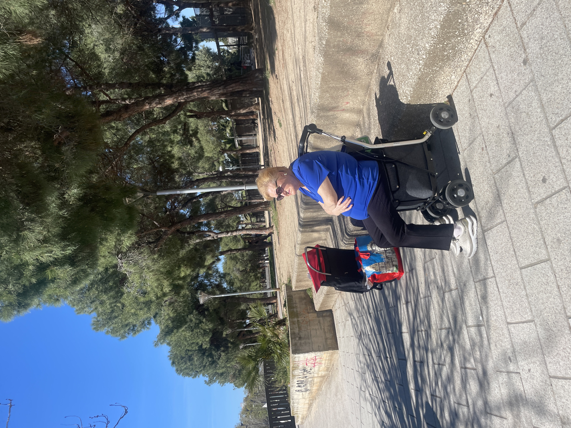 The image shows a woman in Sant Adrià de Besòs, Spain, standing on a tiled sidewalk next to a black shopping cart. She is wearing a blue shirt, black pants, and white sneakers, and she has sunglasses on. Her arms are crossed. Beside her is a smaller, red shopping bag containing a mix of red, white, and blue items. The sidewalk is shaded by tall trees, and in the background, there is a concrete wall with graffiti and a wrought-iron fence. The sky is blue.