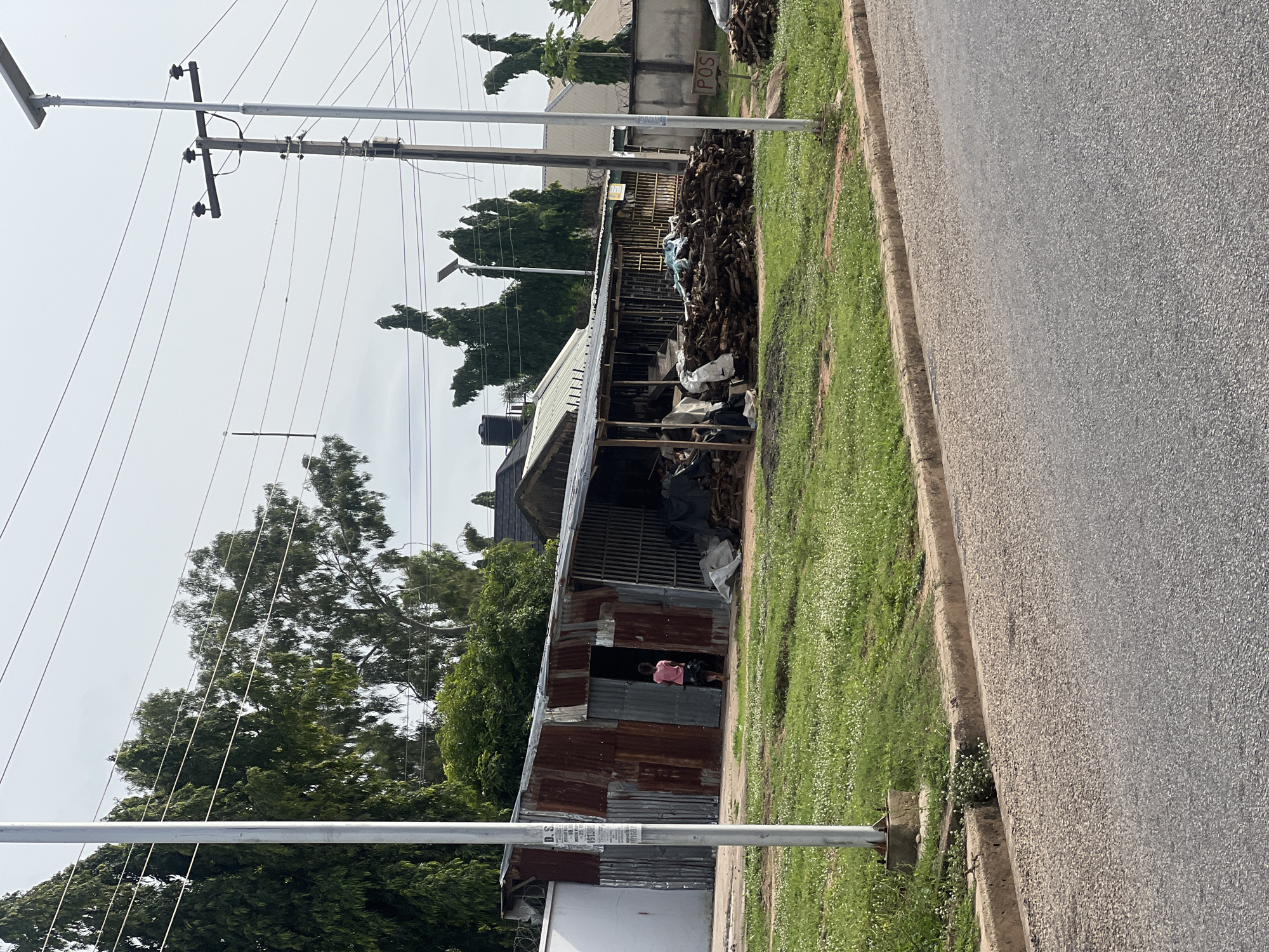 A person in a pink shirt is standing in the doorway of a dilapidated corrugated metal structure in Jalingo, Nigeria. The structure appears to be a roadside stall or workshop, with a pile of firewood and debris in front of it. The surrounding area is overgrown with grass and wildflowers. Power lines and utility poles are visible in the background, along with trees and other buildings. The sky is overcast.