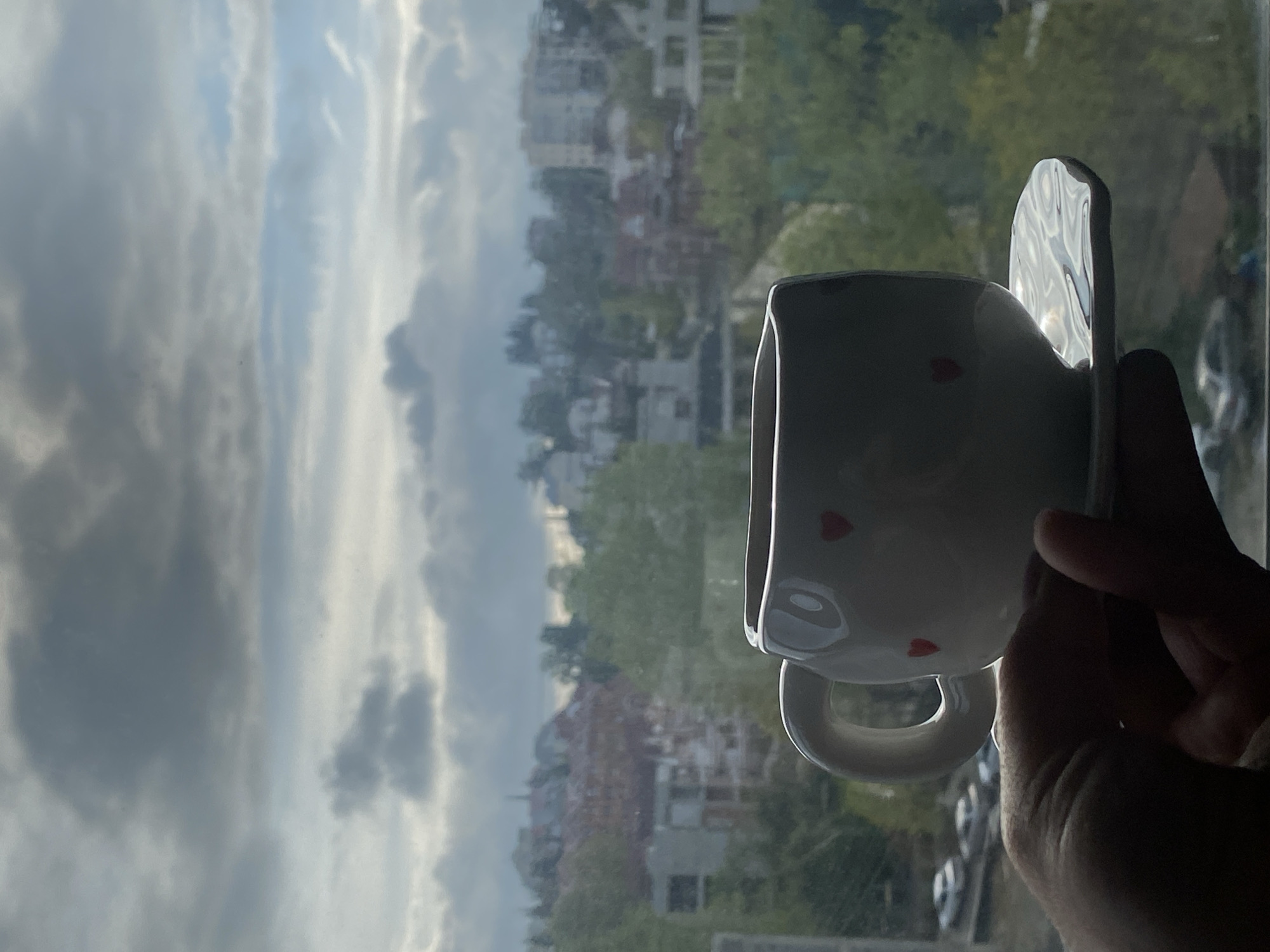 A hand holds a small teacup and saucer in front of a window. The teacup is white with small red hearts. Outside the window, a cityscape is visible with buildings and trees under an overcast sky. The location is identified as Sochi, Russia.