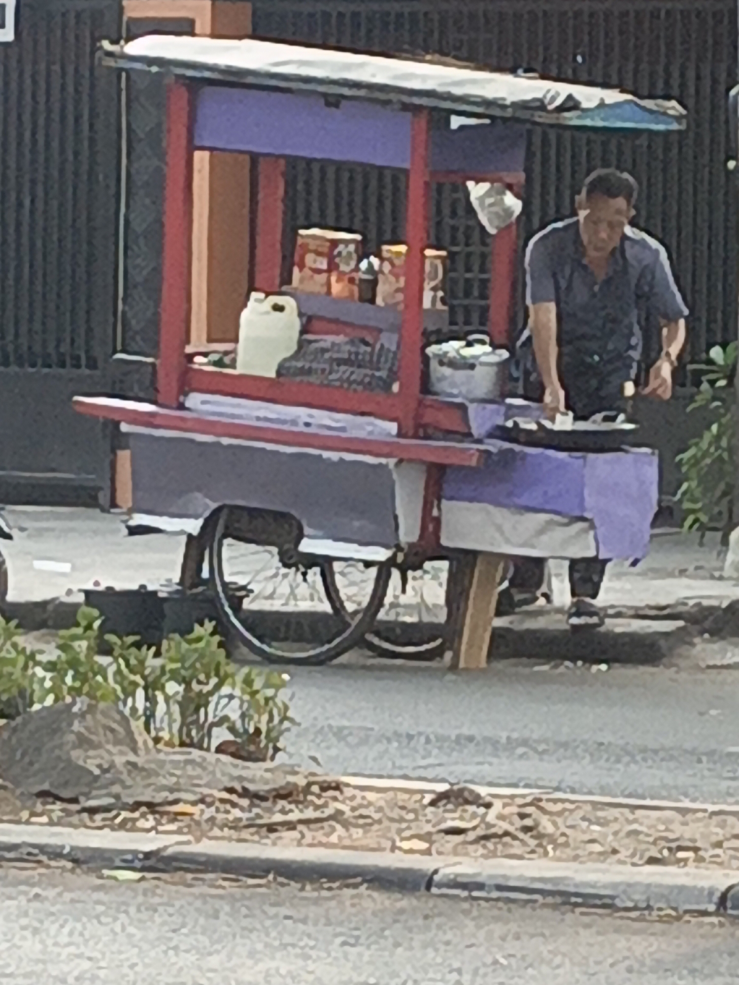 A man is preparing food at a red and purple food cart on a sidewalk in East Jakarta, Indonesia. The food cart has a white plastic container and several jars of food on a shelf. The man is wearing a dark blue shirt and is standing behind the cart, facing to his right. He is holding a plate with food on it and appears to be cooking it on a flat-top grill. The food cart is on wheels and has a bicycle wheel on the left side. In the background, there is a dark gray fence. In the foreground, there is a sidewalk and a street, with some plants and rocks on the side of the road.