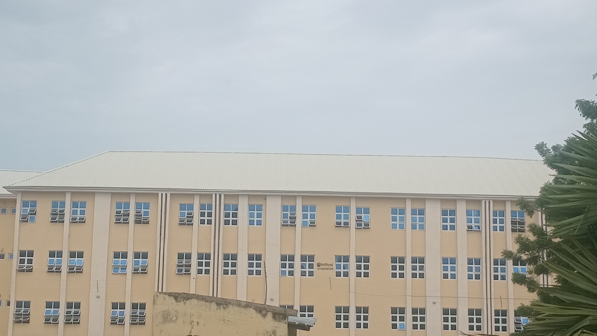 This is an eye-level, outdoor, daylight, medium shot of a light yellow building with a white roof in Jalingo, Nigeria. The building has a grid of blue-paned windows. Some windows are open, revealing the sky. A sign on the building reads "Tertfund". Trees are visible to the right of the building. The sky is overcast.