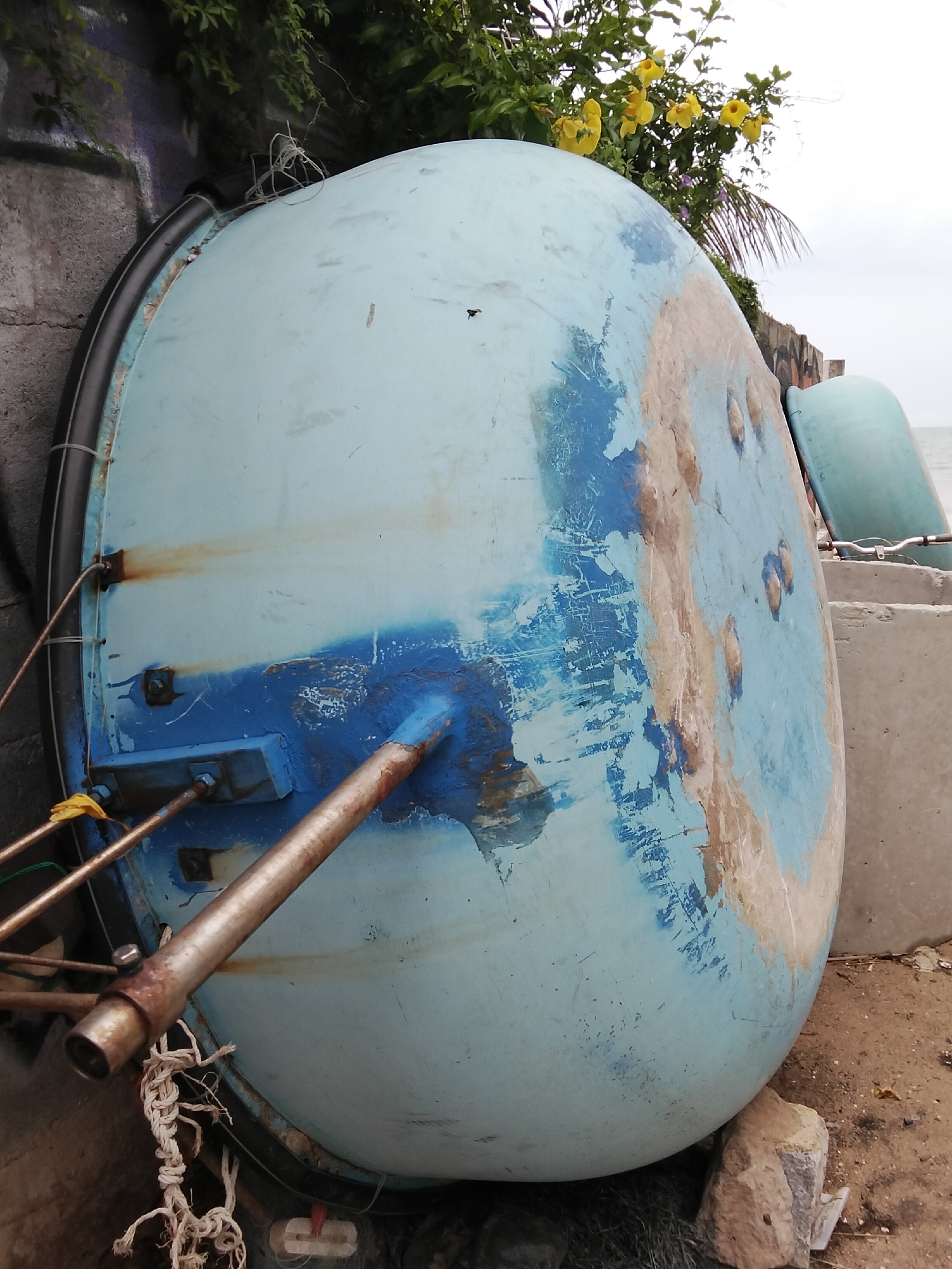 A large, light blue, spherical object, likely a buoy or part of a larger structure, rests on its side outdoors. The object's surface is weathered, with patches of exposed material and areas of chipped paint, revealing lighter tones beneath. Some sections show remnants of blue paint, suggesting it might have been repainted.
Several metal rods protrude from the object, secured by bolts and brackets. These rods are rusty, indicating exposure to the elements. A black, flexible band runs along the curved edge of the object, and a frayed white rope is tied to one of the protruding rods.
The background suggests an outdoor setting. To the left, a rough, grey wall or structure is visible, covered in some areas with dark, leafy green foliage. Above this, a branch with bright yellow flowers and some smaller purple flowers can be seen against an overcast sky. To the right, another similar blue object is partially visible, along with a concrete structure and a hint of the sea in the distance. The ground appears to be sandy or dirt, with some rocks and dry grass.
The overall impression is one of abandonment or disuse in a coastal environment, possibly a beach or harbor area. The lighting is diffused, consistent with an overcast day. No people are visible in the image. The location context provided places this scene in Phan Thiết, Vietnam.