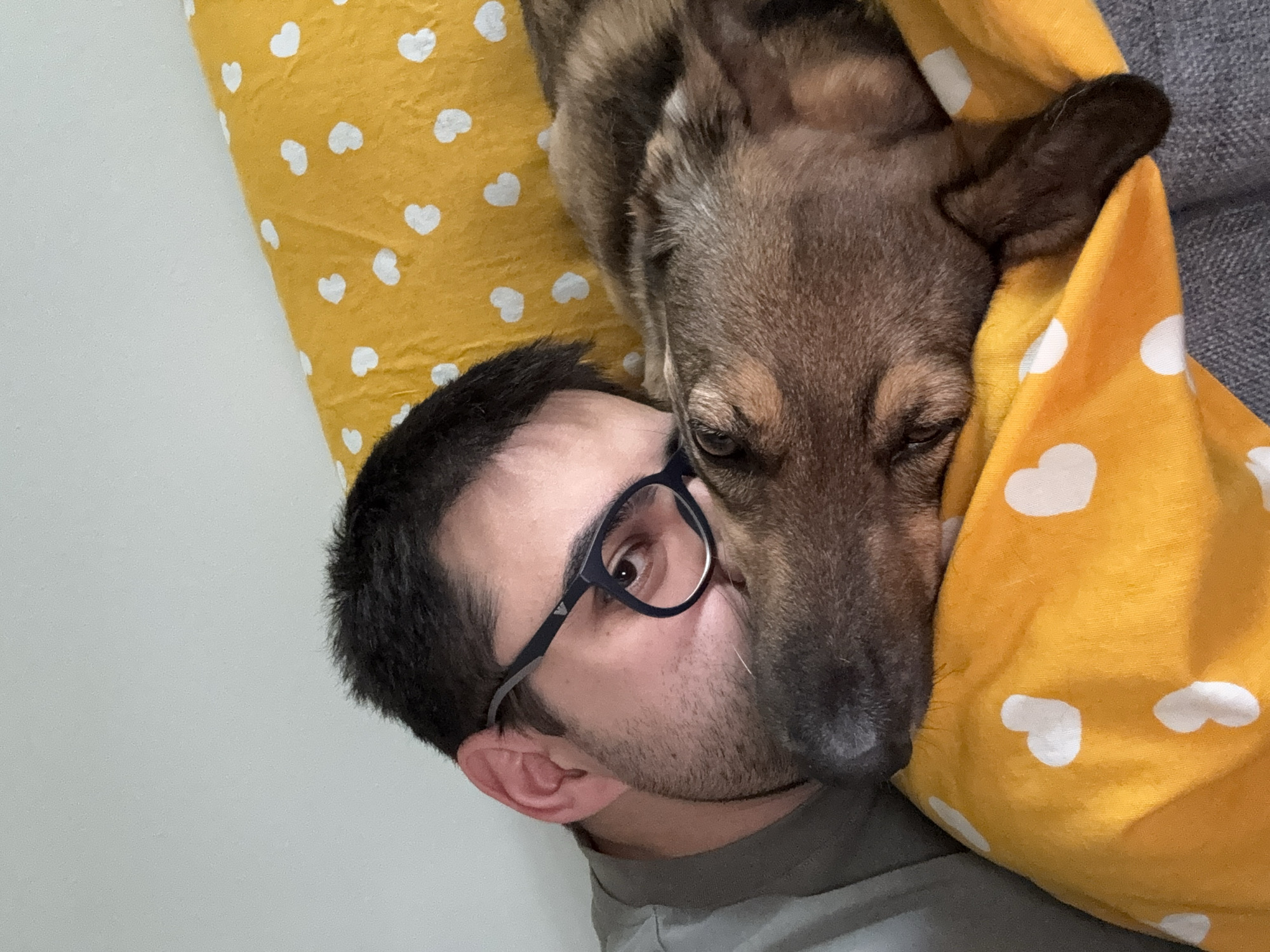 A close-up, eye-level, selfie-style shot shows a man and a dog lying down together on a yellow, heart-patterned surface, possibly a bed or couch. The man, wearing glasses and a grey t-shirt, has his face close to the dog's head. The dog, with brown and black fur, appears to be sleeping or resting its head on the man's shoulder or arm. The background is a plain, light-colored wall. The image does not provide enough information to determine the location within Bila Tserkva, Ukraine.