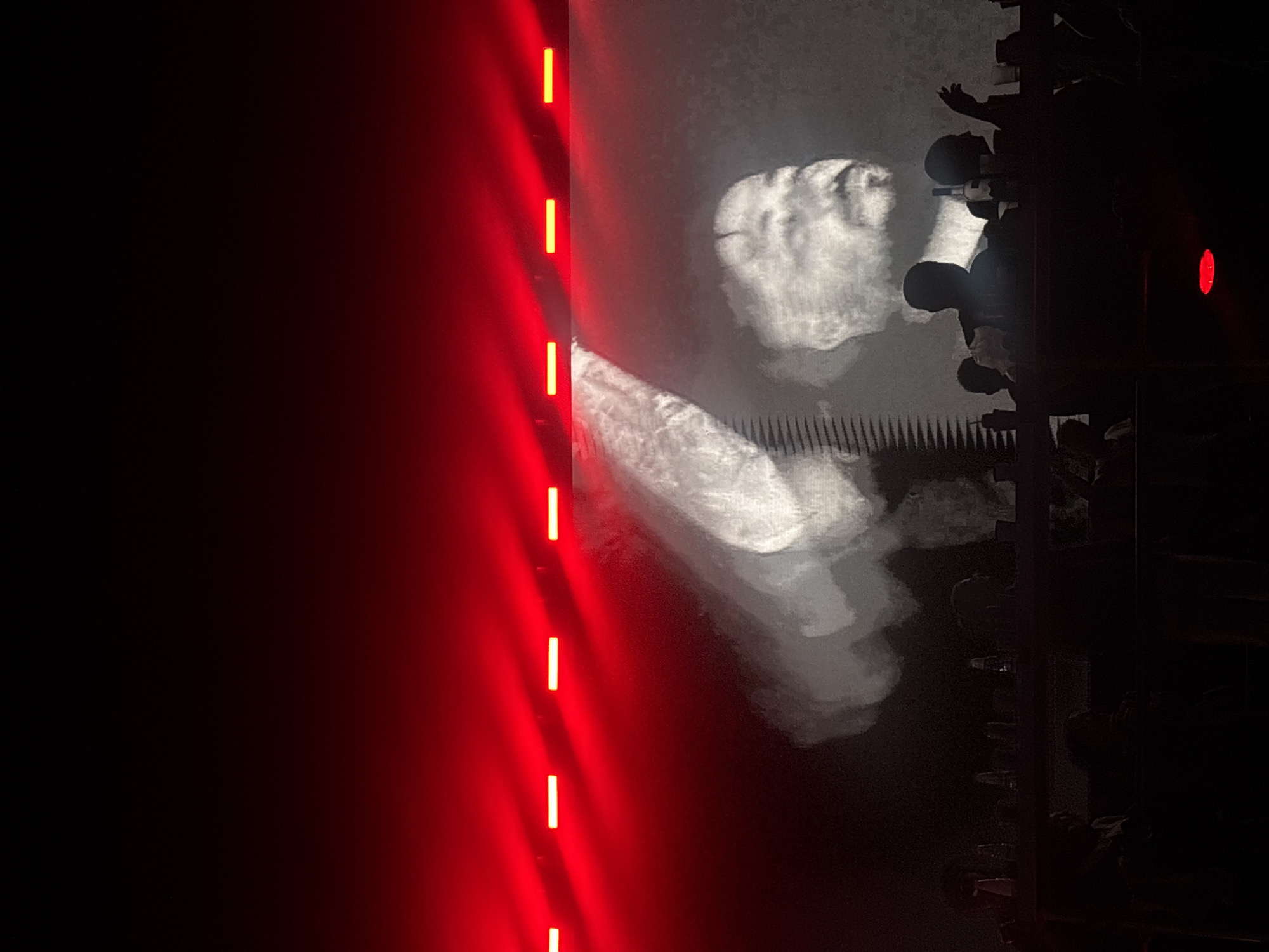 The image captures a dimly lit indoor venue, likely a concert or performance space. Dominating the upper portion of the frame is a large screen displaying a black and white, somewhat abstract image of a person's face and upper body, with a prominent beard and mustache. Streaks of light, possibly from stage lighting, create a hazy effect on the screen's subject. Across the top edge of the image, a row of bright red linear lights is visible, casting a red glow downwards. In the foreground, silhouetted figures of people are gathered, appearing to be attendees. Some are standing, their forms indistinct against the darkness, while others are seated. A few bottles and other objects are discernible on a surface in front of some of the silhouetted individuals. The overall atmosphere suggests a live event with a focus on visual performance, amplified by the dramatic lighting. The scene is not specific to Sofia, Bulgaria.
