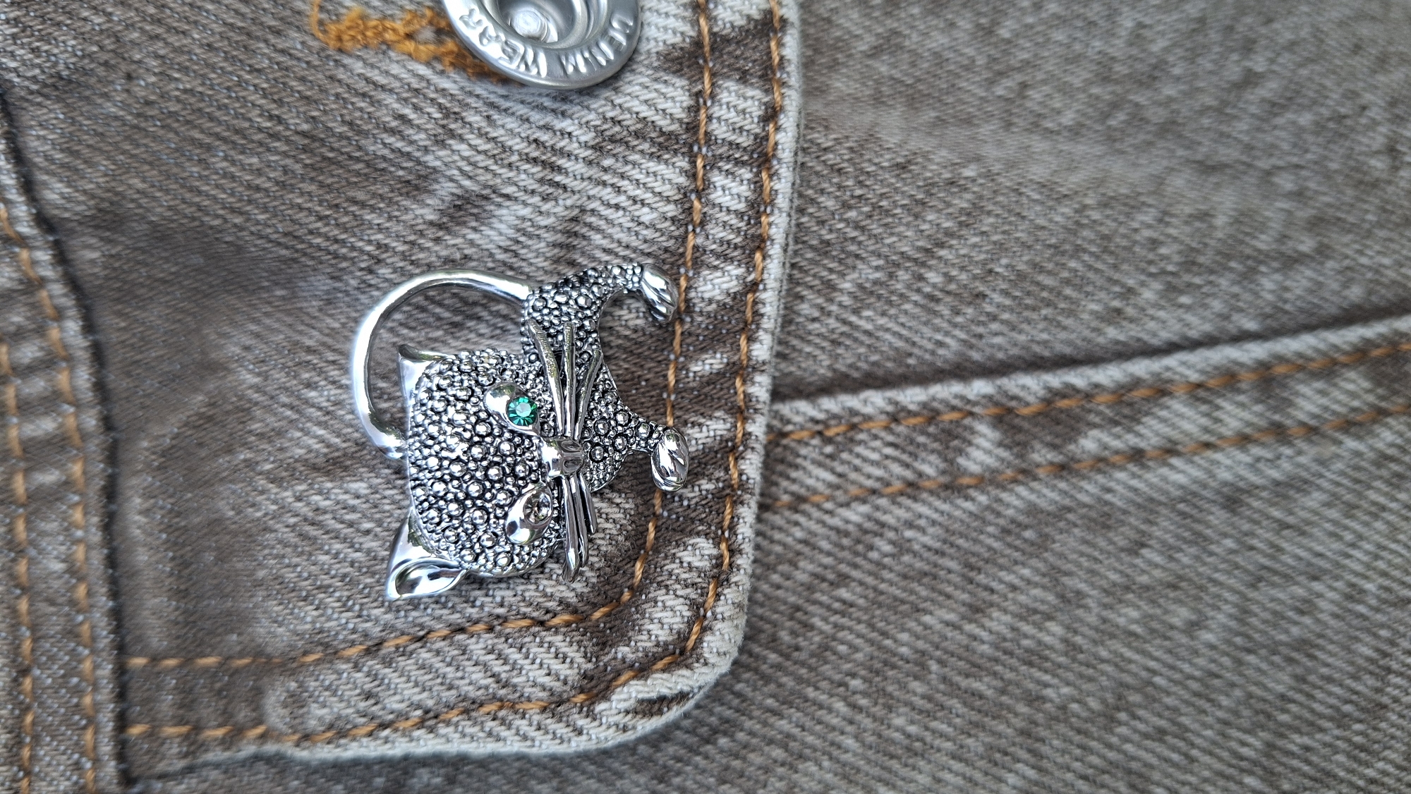A close-up shot of a silver-colored brooch in the shape of a stylized cat's head with a green gem eye, pinned to the edge of a light brown denim jacket or shirt. The jacket's button is visible at the top left.
Забалоцкі сельскі Савет, Belarus, is not explicitly mentioned in this image.