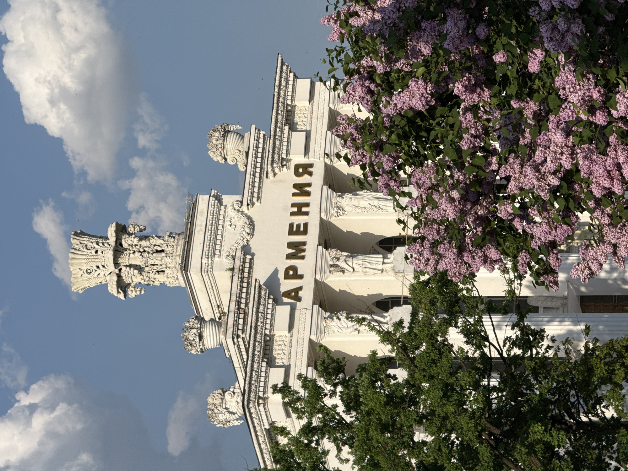 The photograph shows a section of a white building against a backdrop of blue sky with clouds. The building's façade prominently features the word "АРМЕНИЯ" (Armenia) in gold letters. Architectural details include decorative cornices, statues, and ornate embellishments. The right side of the image is partially obscured by flowering lilac bushes with clusters of lavender-colored blossoms. Additionally, a tree with green leaves appears at the bottom of the frame. The image captures a section of the Armenia pavilion at the Exhibition of Achievements of National Economy (VDNKh) in Moscow, Russia.