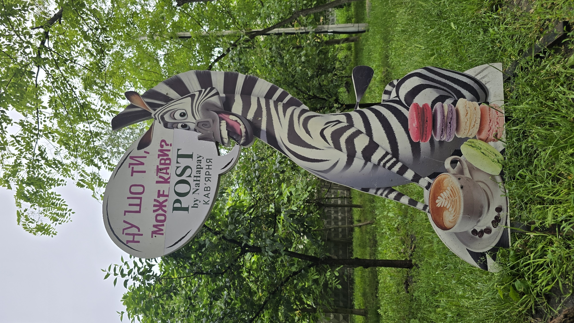 This detailed image captures an outdoor advertising standee situated in a grassy park or green space in Kyiv, Ukraine. The standee is designed as a cartoon zebra, reminiscent of the character Marty from Madagascar, depicted smiling broadly and holding a speech bubble. The text within the speech bubble reads in Ukrainian and English: "НУ ШО ТИ, МОЖЕ КАВИ?" (colloquially translating to "Hey, what's up? Coffee maybe?"), followed by "POST by NaHapay КАВ'ЯРНЯ" ("POST by NaHapay Coffee shop"). At the base of the standee, a white ceramic coffee cup with latte art is shown on a saucer with scattered coffee beans. Beside the cup is a stack of five colorful macarons (red, purple, light cream, and pink), with an additional green macaron resting on the grass. The standee is placed directly on vibrant green grass. The background consists of numerous deciduous trees, forming a dense green canopy. A grey concrete block fence with a patterned surface is visible through the trees in the mid-distance. The sky above is overcast and light grey.