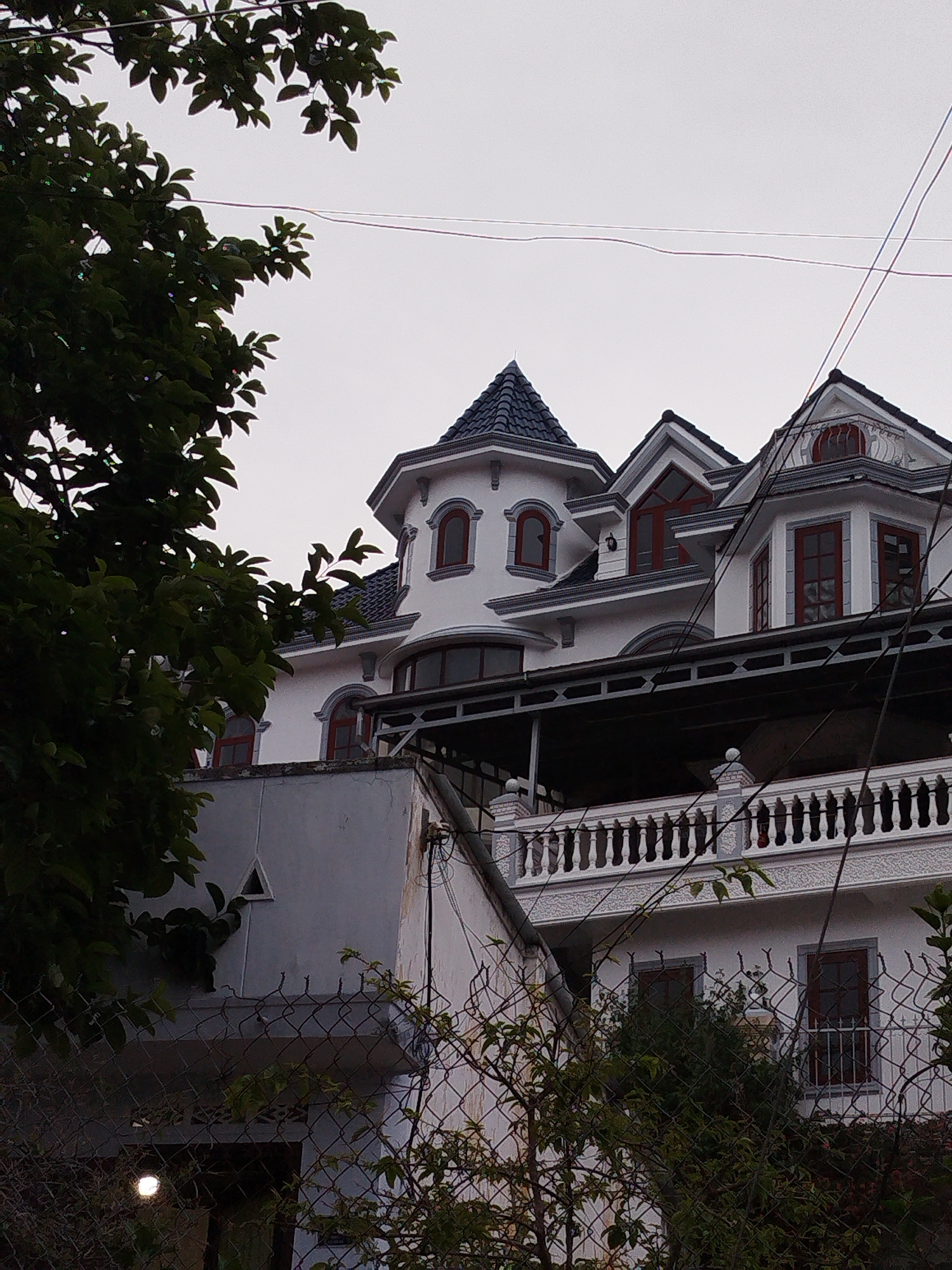 The image captures a multi-story house in Xuân Hương, Đà Lạt, Vietnam. The house features a mix of architectural styles with a prominent turret, decorative windows, and a balustrade. It is primarily white with dark gray roof tiles and brown window frames. A fence, partly obscured by foliage, runs in front of the house. Overhanging branches of a tree occupy the left side of the frame. Overhead wires are also visible against a gray sky.