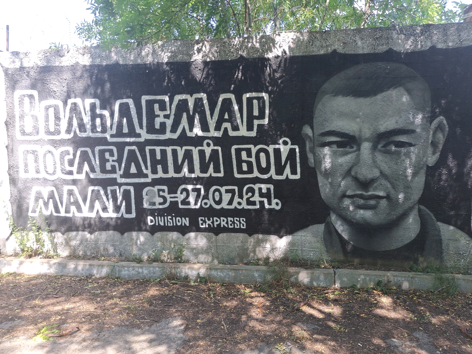The image shows a mural painted on a concrete wall. The mural depicts a portrait of a young man in grayscale, looking directly at the viewer. To the left of the portrait are large, white, block letters that appear to be in Russian. The text reads "ВОЛЬДЕМАР ПОСЛЕДНИЙ БОЙ МАЛИ 25-27.07.21. DIVISION EXPRESS". The background of the mural is black, with shadows from overhead trees cast across the wall. The wall itself is weathered and appears to be outdoors. In front of the wall is a strip of dirt and vegetation, with a concrete curb running along the base of the wall. The ground is covered with fallen leaves and debris. The overall scene is somewhat overgrown and appears to be in a public or semi-public space.