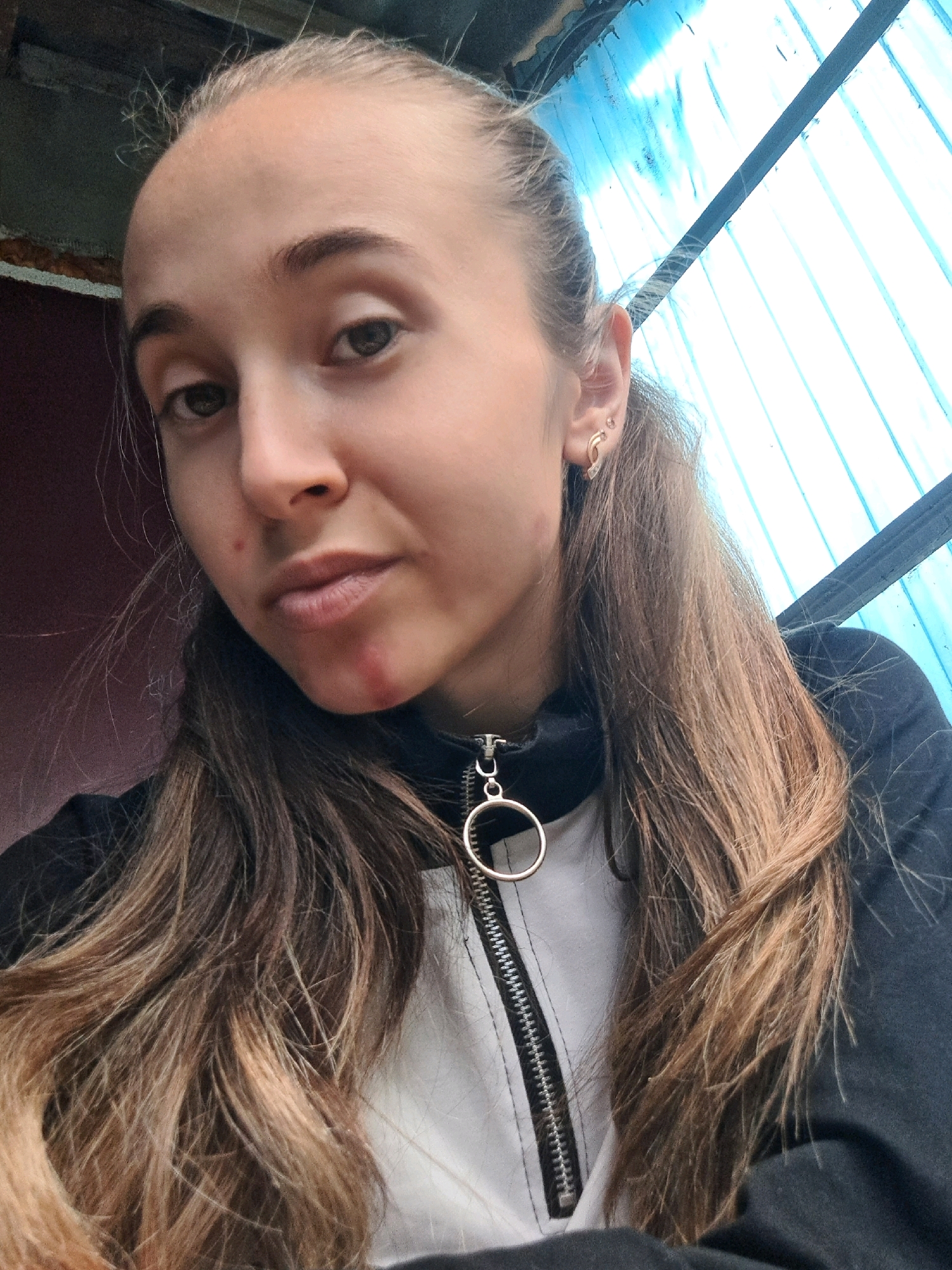 A young woman with long, light brown hair pulled into two pigtails is looking at the camera. She is wearing a black and white zipped jacket. She has a small circular earring in her left ear. A red mark is visible on her chin. The background consists of a corrugated plastic roof with blue and white panels. The overall lighting suggests it is daytime. The scene appears to be outdoors. The approximate location is Vypasne, Ukraine.