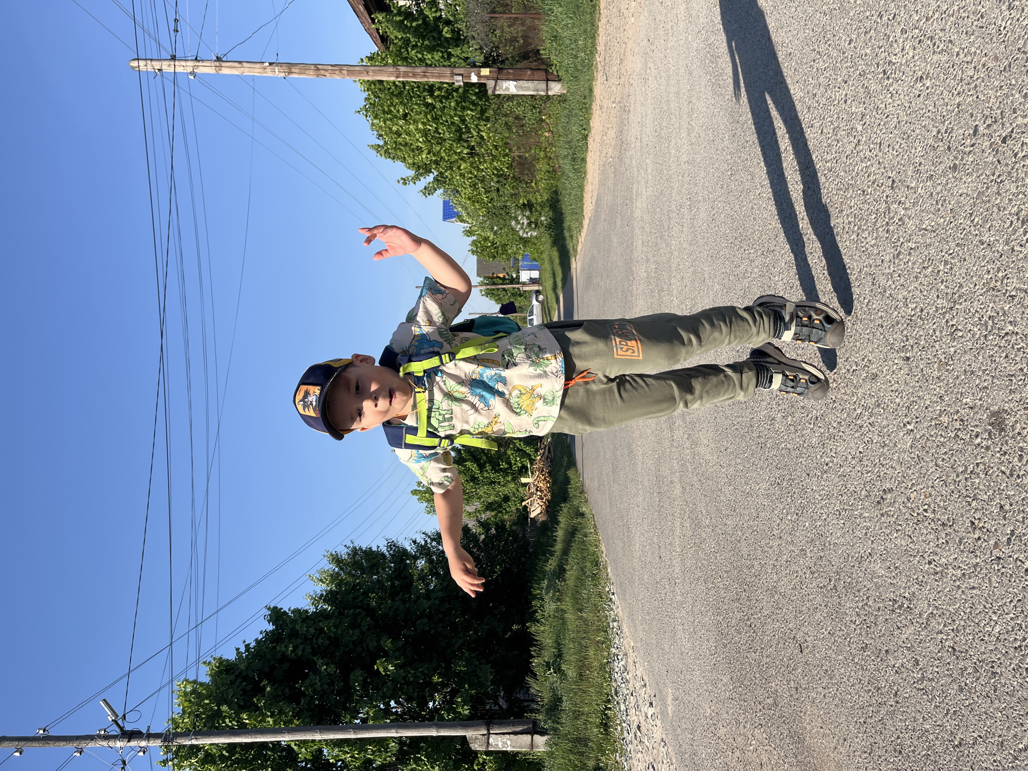A child wearing a blue baseball cap, a short-sleeved button-down shirt with a dinosaur print, green pants, and open-toed sandals stands on an asphalt road. He has a backpack with yellow straps. The child's shadow is visible on the road. Power lines and utility poles are seen to the left and above. Trees line both sides of the road. Based on the location given, the image was likely taken in Chaikovsky, Russia.