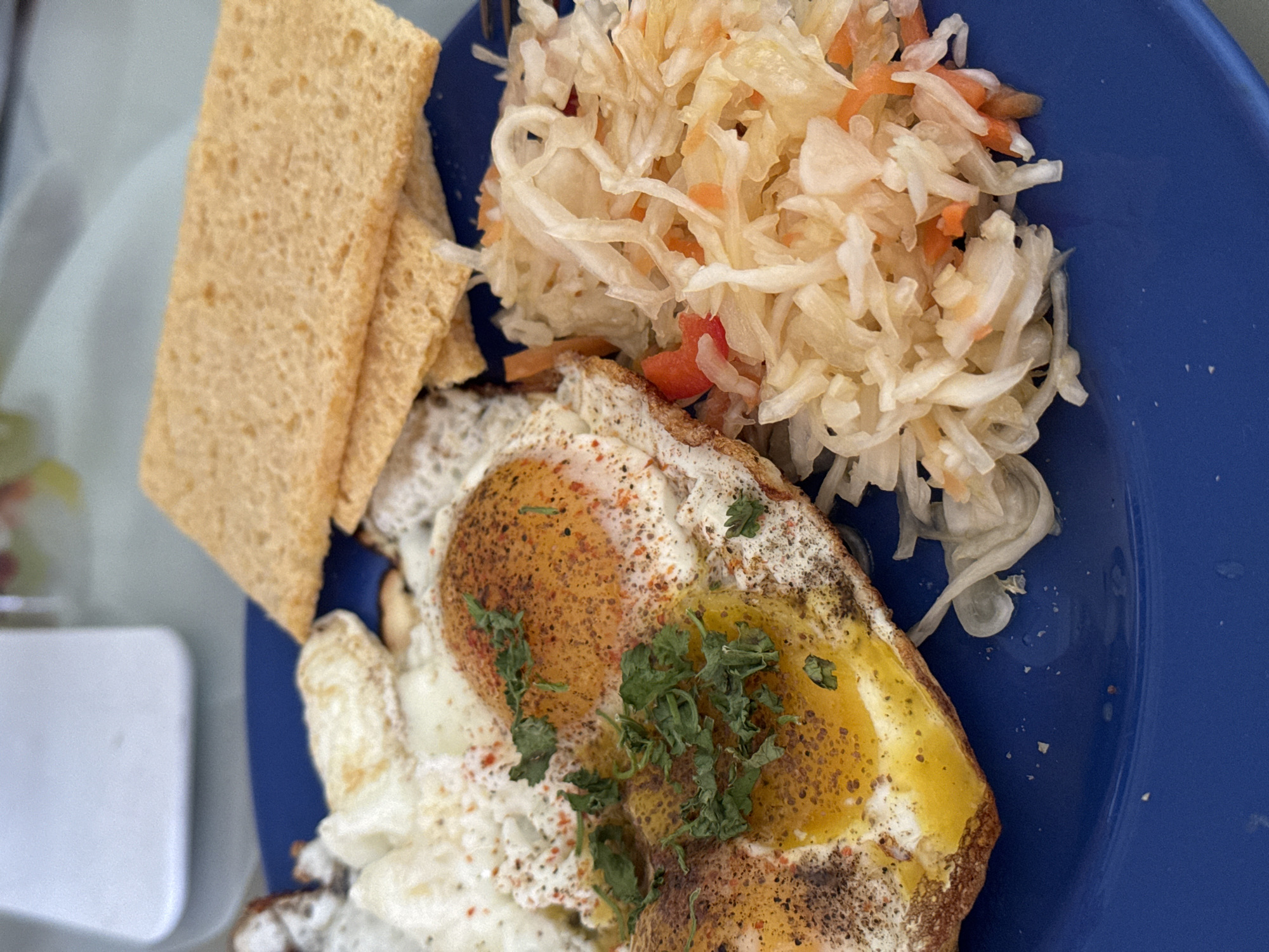 The image shows a blue plate containing a meal. The meal consists of two pieces of bread, two fried eggs with seasoning and herbs, and a serving of slaw or shredded cabbage with what appear to be carrot pieces. The image could have been taken in Ново-Никольское, Russia, or elsewhere.