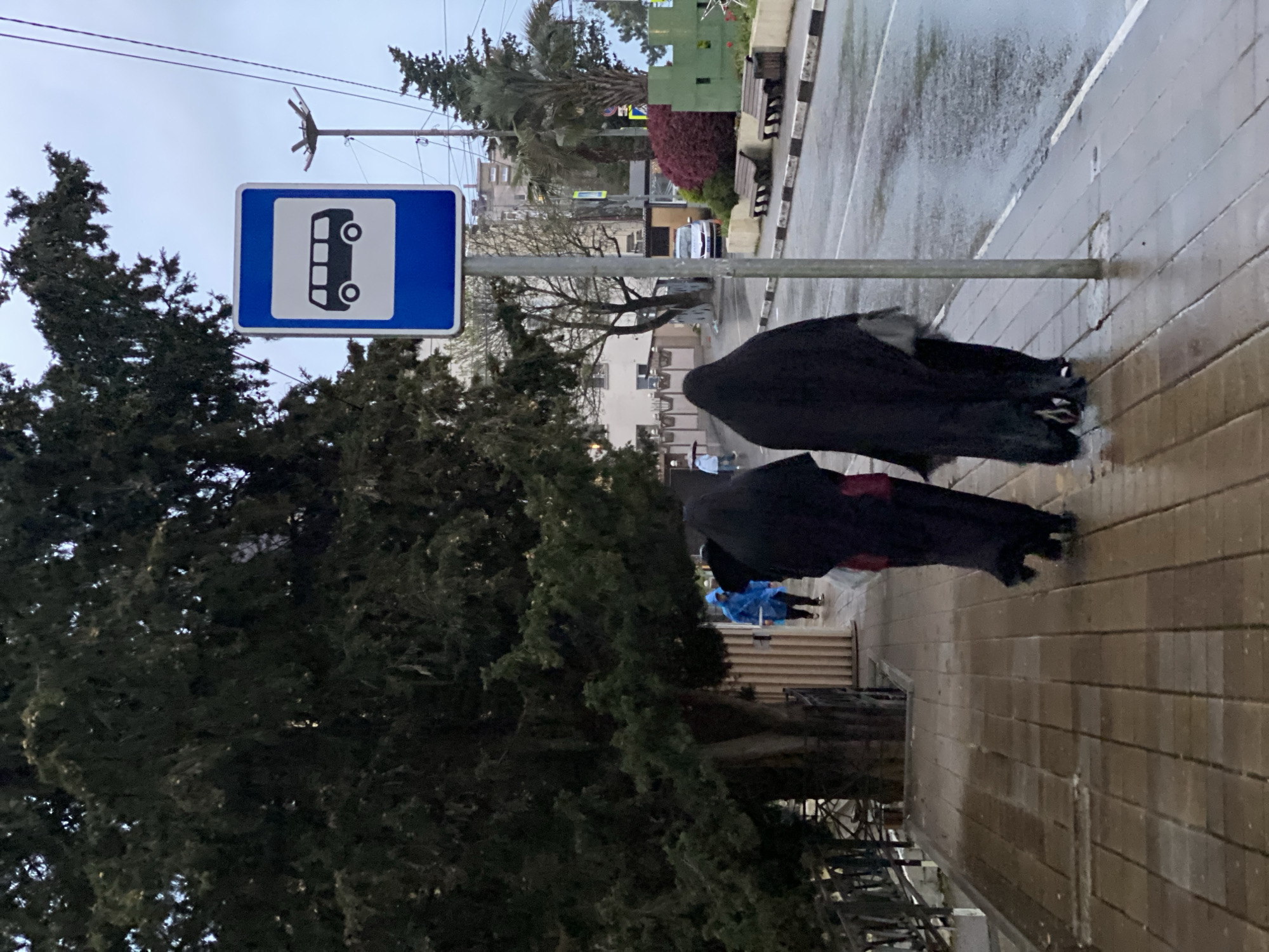 The image depicts a bus stop in Sochi, Russia. A blue bus stop sign is visible on a pole. Two individuals are standing on the sidewalk, draped in what appears to be black fabric, with parts of red fabric visible underneath one of them. A person in a blue jacket can be seen walking in the distance. The sidewalk is paved with brown tiles. The street is wet, likely from rain. Trees are visible on the left. Buildings and greenery can be seen across the street.