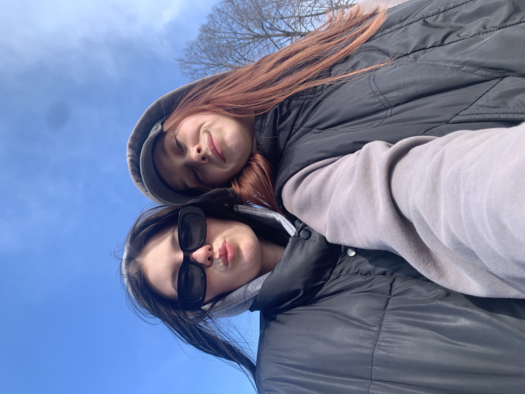 Two young women are captured in a close-up selfie, taken from a low angle looking upwards against a clear, bright blue sky. The woman in the foreground wears black rectangular sunglasses, a light gray hoodie, and a black puffer vest. She has dark hair and her lips are pursed in a playful "duck face" expression. Behind her, partially visible, is another woman with red or auburn hair, also wearing a light gray hoodie and a black puffer vest. She has a subtle smile on her face.
Both women are positioned closely, suggesting a friendly interaction or shared moment. The outdoor setting is characterized by the vibrant blue sky, indicating a clear and sunny day. In the upper background, the bare branches of a tree are visible against the sky, suggesting a cold season such as late autumn, winter, or early spring, consistent with their layered clothing (hoodies and puffer vests). The overall mood is casual and joyful. This scene takes place in Фоки, Russia. There is no visible text in the image.