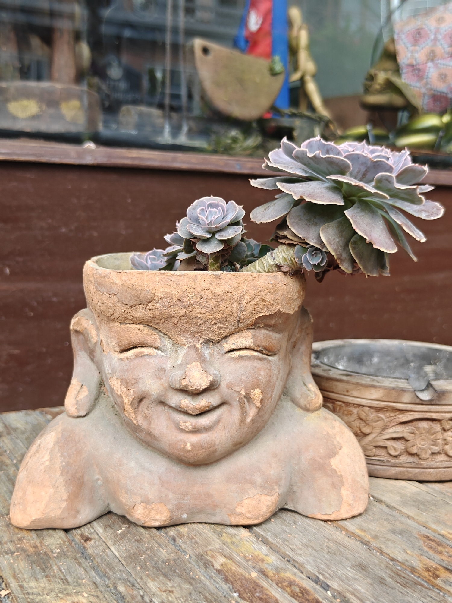 A close-up, eye-level shot features a weathered terracotta planter shaped like a serene face, placed on a rustic wooden surface. The planter is filled with succulents, their pale green and dusty purple leaves forming a rosette shape. To the right of the planter, a carved wooden ashtray with floral motifs is visible. The background consists of a dark wooden surface and a reflection in a window, showing a blurred scene with a wooden mannequin and colorful fabrics. The overall impression is one of rustic charm and tranquility, possibly from a shop or cafe in Pokhara, Nepal, given the presence of a Nepali flag in the reflection.