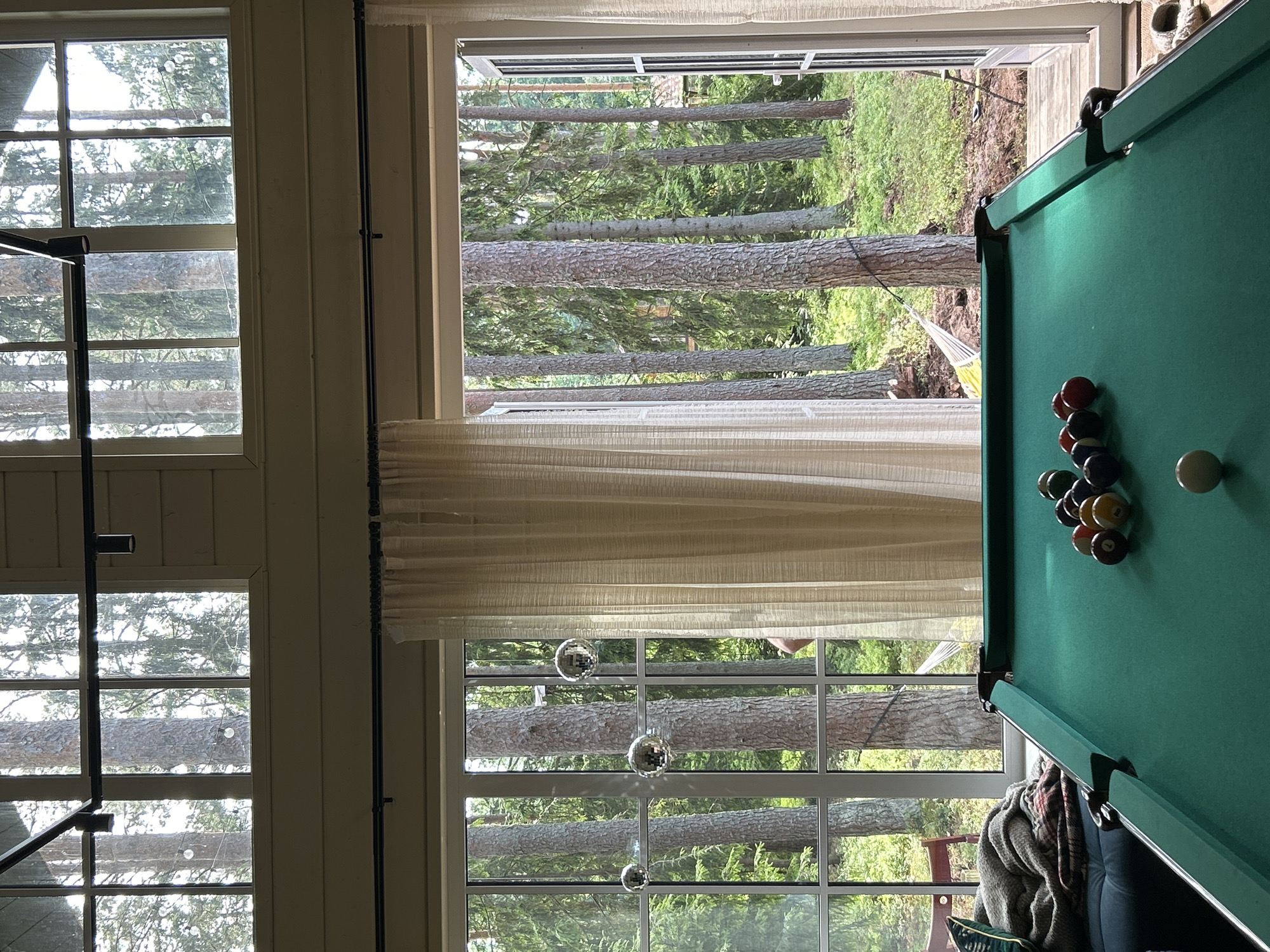 The image depicts a room with a pool table in the foreground, set against a backdrop of a dense forest visible through large windows. The pool table is green and has several colored balls scattered on its surface, including a white cue ball. To the left of the pool table, a dark blue sofa is partially visible, covered with a patterned blanket and a decorative pillow. The room is illuminated by natural light filtering through the windows. The windows themselves are large, divided into multiple panes, and offer a view of tall trees with thick trunks and dense green foliage. Some disco balls are hanging from the upper window frames, reflecting the light. A light-colored, sheer curtain is drawn across the middle section of the window on the right. Beyond the windows, the forest floor appears to be covered with pine needles and low-lying vegetation. A hammock is suspended between two trees in the distance. The overall impression is one of a tranquil, nature-adjacent indoor recreational space. The location is identified as Shepelyovo, Russia.