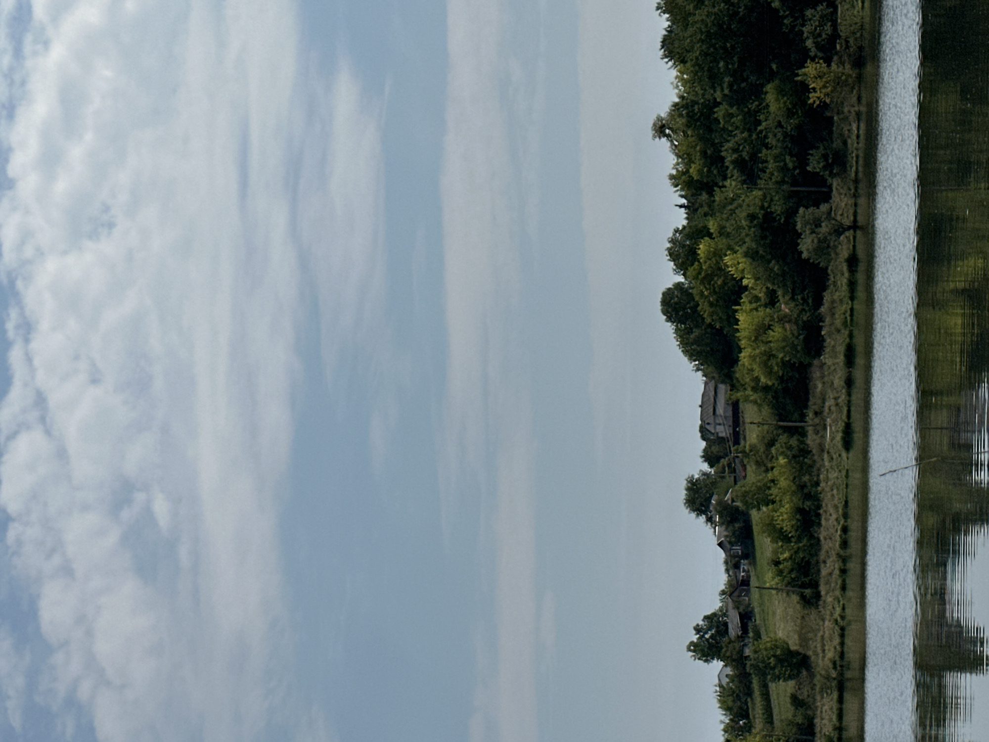 This is a landscape photograph of a rural scene. In the foreground, there is a body of water with gentle ripples. The surface of the water reflects the sky and the land beyond. The midground features a lush green treeline that stretches across the horizon. Behind the trees, on a gently sloping hill, are several houses with dark roofs, suggesting a small village or hamlet. The houses are interspersed with more greenery. The sky above is a pale blue, filled with scattered, wispy white clouds. The overall impression is one of a tranquil, natural setting, possibly in the Ukrainian countryside near the city of Makiv, Ukraine. There are no people or animals visible in the image.