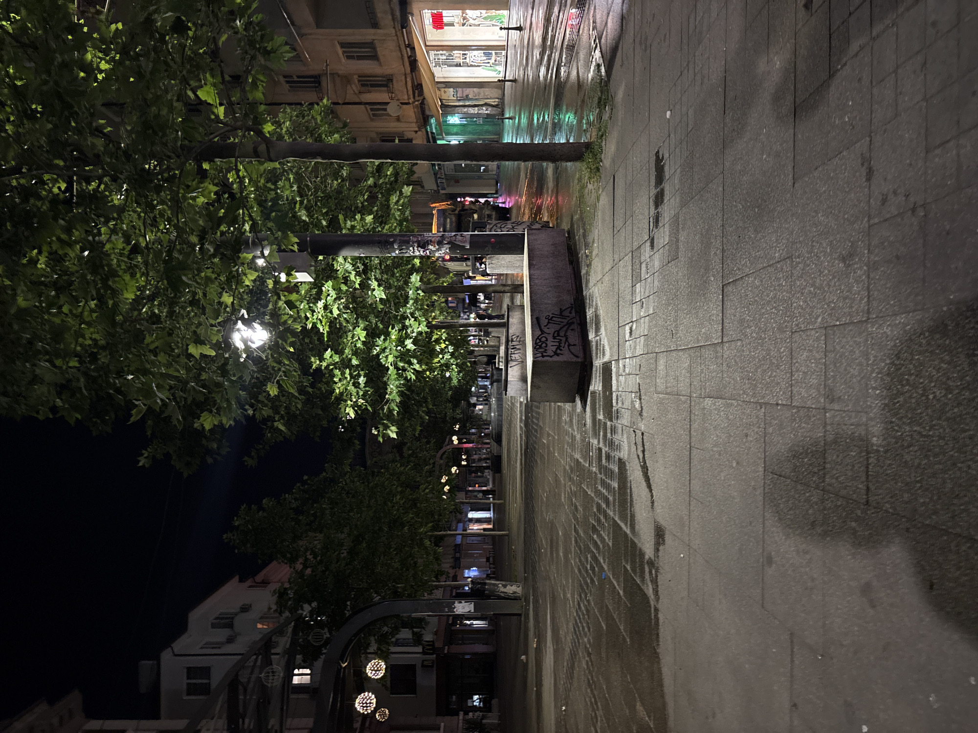The image depicts a nighttime street scene in Sofia, Bulgaria, likely a pedestrian area or boulevard. The pavement is wet and reflects the light from street lamps and shop windows, suggesting it has recently rained.
On the right side of the image, a building with a light-colored facade features several shopfronts. One shop on the ground floor has a brightly lit interior with displays of clothing, and an awning extends over the sidewalk. Another shop further down has a green illuminated facade.
Along the left side of the street, there are more buildings, some with windows lit from within. An archway with decorative spherical lights is visible in the mid-ground.
Several trees line the street, their leaves illuminated by the artificial light. Some of these trees are planted in planters or directly in the ground along the sidewalk.
In the foreground, a concrete planter box is present, covered in graffiti. Another similar planter is visible further down the street. The pavement is made of large square tiles, with some areas appearing darker due to water accumulation. A shadow of a person is visible on the pavement in the lower part of the image.
In the background, a garbage truck is parked on the street, its lights illuminated, and it appears to be in the process of operating. Other elements in the background suggest the presence of a city environment, with more buildings and streetlights stretching into the distance. The overall atmosphere is quiet and somewhat deserted, typical of a city street late at night.